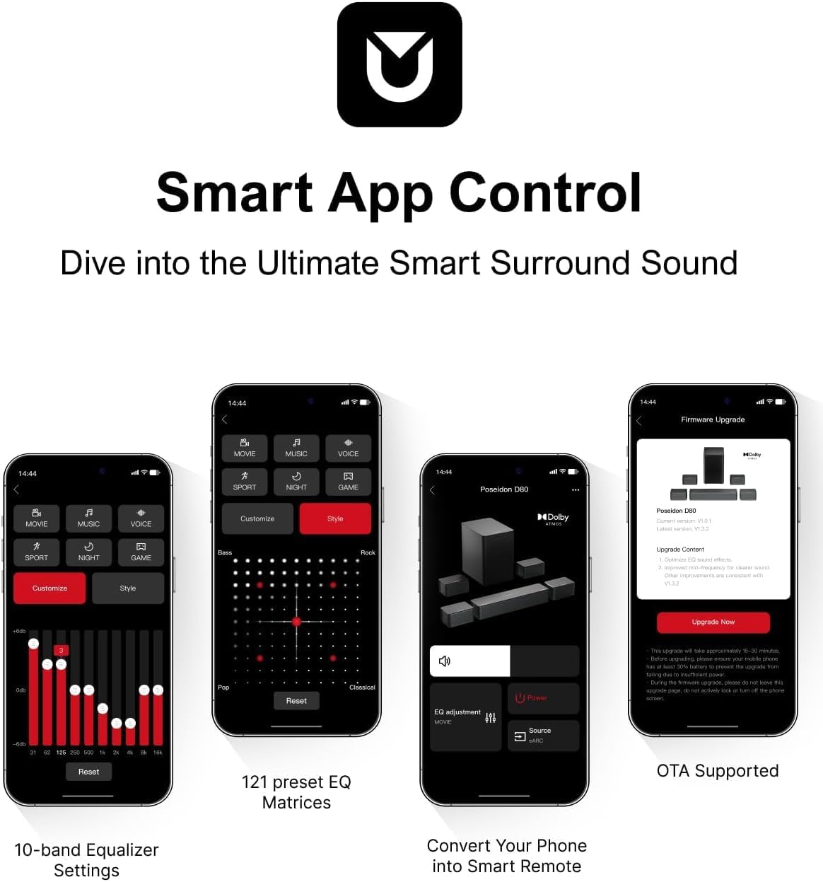 ULTIMEA 7.1CH Surround Sound System for TV, Soundbar with Dolby Atmos, 6.5" Wireless Subwoofer, APP Control, 4 Wired Surround Speakers, Peak Power 460W Soundbar for TV, Poseidon D80 (New 2025 Model)