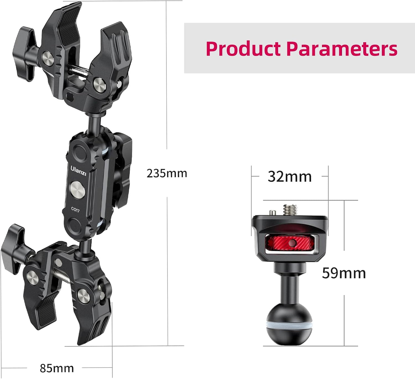 ULANZI Super Clamp Double Camera Clamp with 1/4" Adapter, CO17 Crab Plier Clip Bracket Mount Monitor Magic Arm Double Ball Head Adapter for Photo Studio Light Stand, Photo Boom Stand, Cross Bars