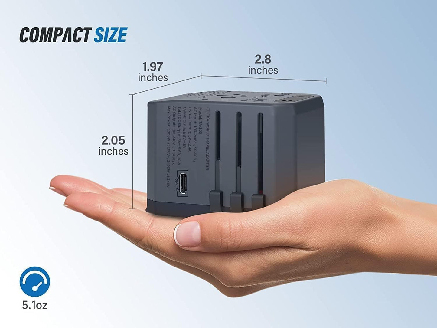 EPICKA Universal Travel Adapter, European Travel Plug Adapter - International Power Adapter Worldwide Charger with USB-C & 4 USB-A Ports, Travel Essentials for Italy, UK, Japan (TA-105, Space Grey)