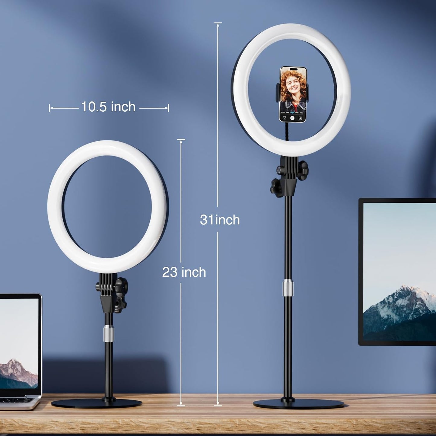 Desk Ring Light with Stand, 10.5'' Selfie Phone Light for Video Recording, Adjustable Circle Ringlight for Computer Laptop Zoom Meeting, Conference Video Calls, Podcast, Streaming, Photography