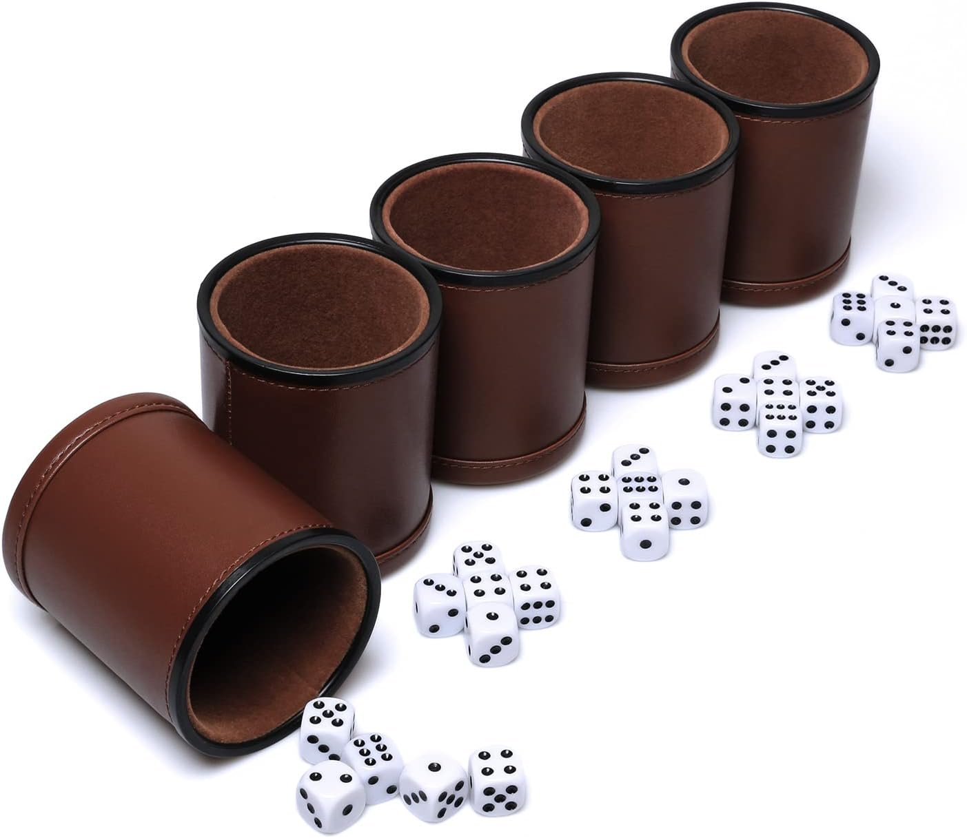 5 Pack PU Leather Dice Cups Felt Lining Quiet Shaker with 30 Dot Dice for Bar Party Yahtzee Farkle Dice Games