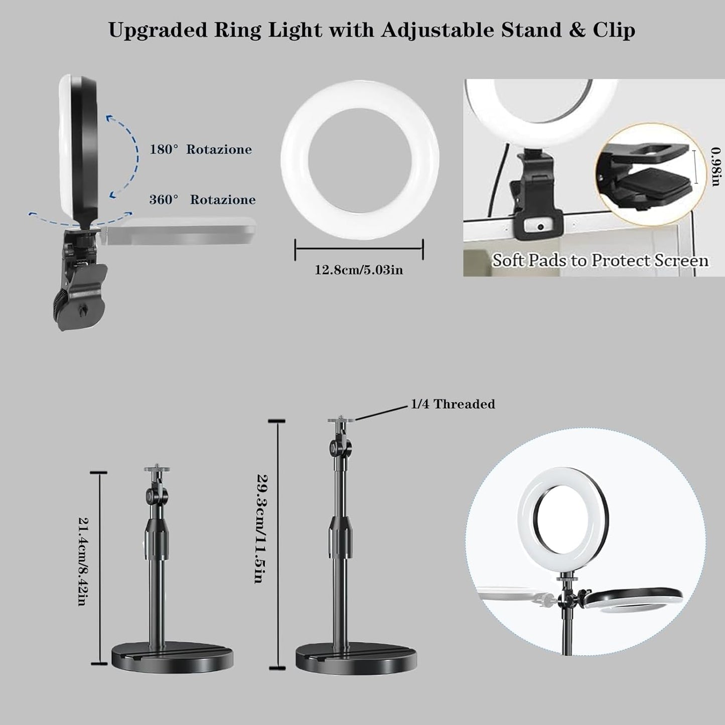 Ring Light with Stand, Desk Ring Light with Clip Upgraded 10W 3000K-6500K Travel Desktop Light for Phone Selfie Laptop Zoom Video Makeup Vlog Tiktok Live Streaming