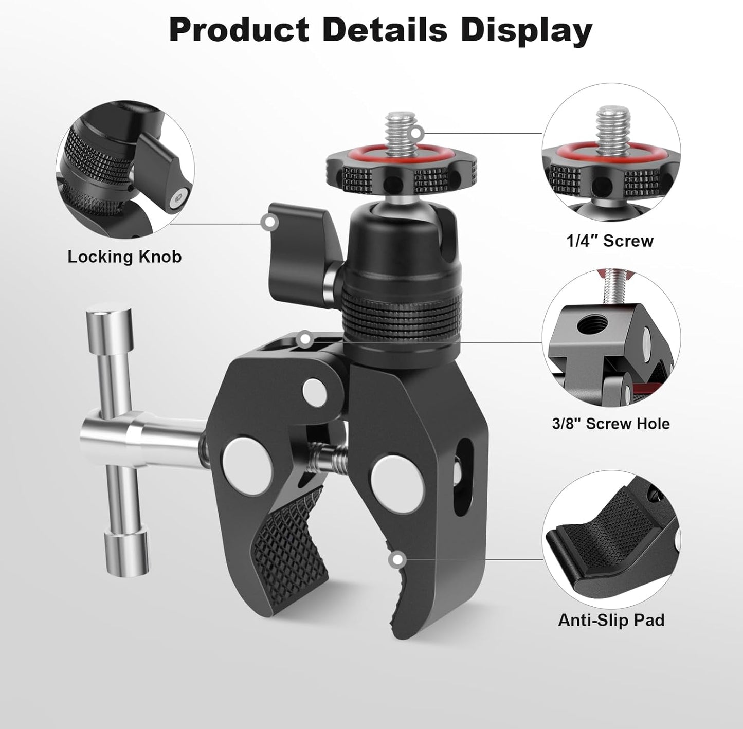 Super Clamp Camera Mount with 360° Mini Ball Head, Aluminum Desk Tube Crab Clamp for Monitor/Light/Mic, Bike/Motorcycle Handlebar Mount for Go Pro/Insta360/DJI Action Camera (SY012)