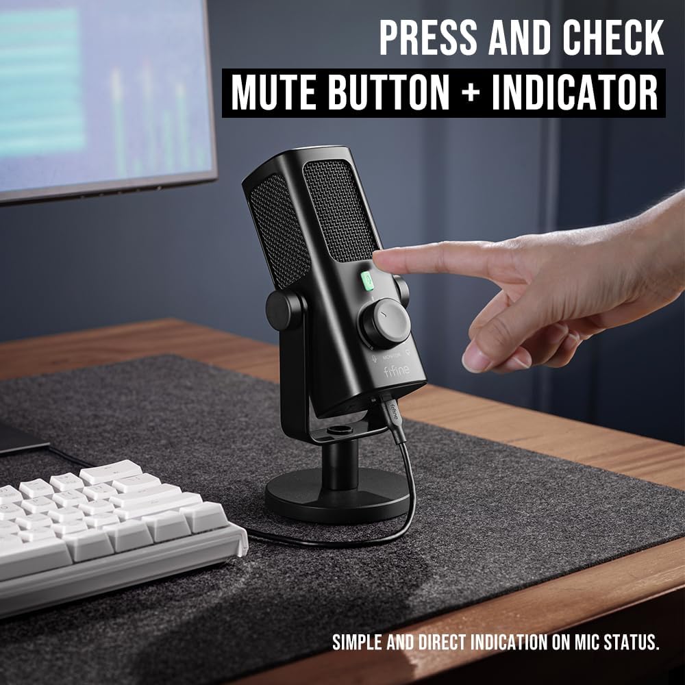 FIFINE USB-Podcast-Condenser-Microphone for Studio-Recording/Computer-Streaming, Desktop-Metal-Mic for YouTube Music Vocal Creation, with Monitor-Mix Volume-Control, Low-Cut Switch (PROFILE3)