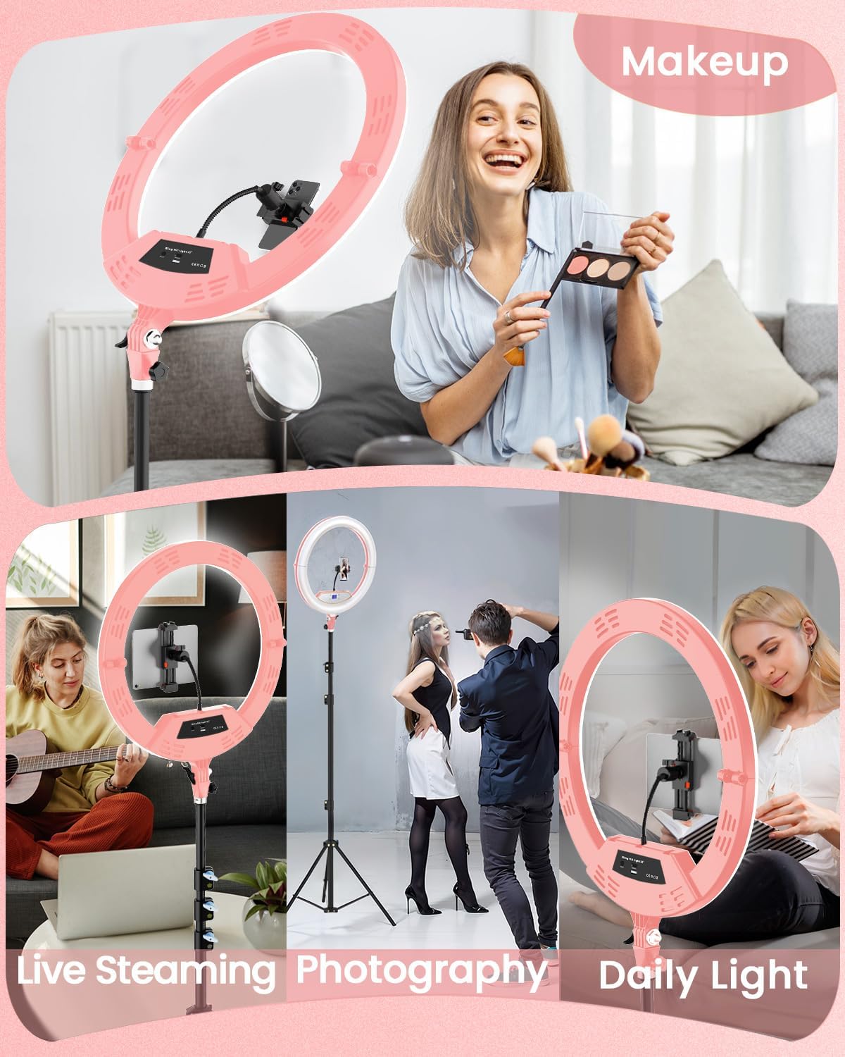 22" Large Ring Light with Stand,Foldable LED Big Ring Light Tripod for iPhone Phone Ipad, 75" Tall Tripod Touch Screen,Wireless Remote for Live Stream,YouTube,TikTok Video Shooting Pink