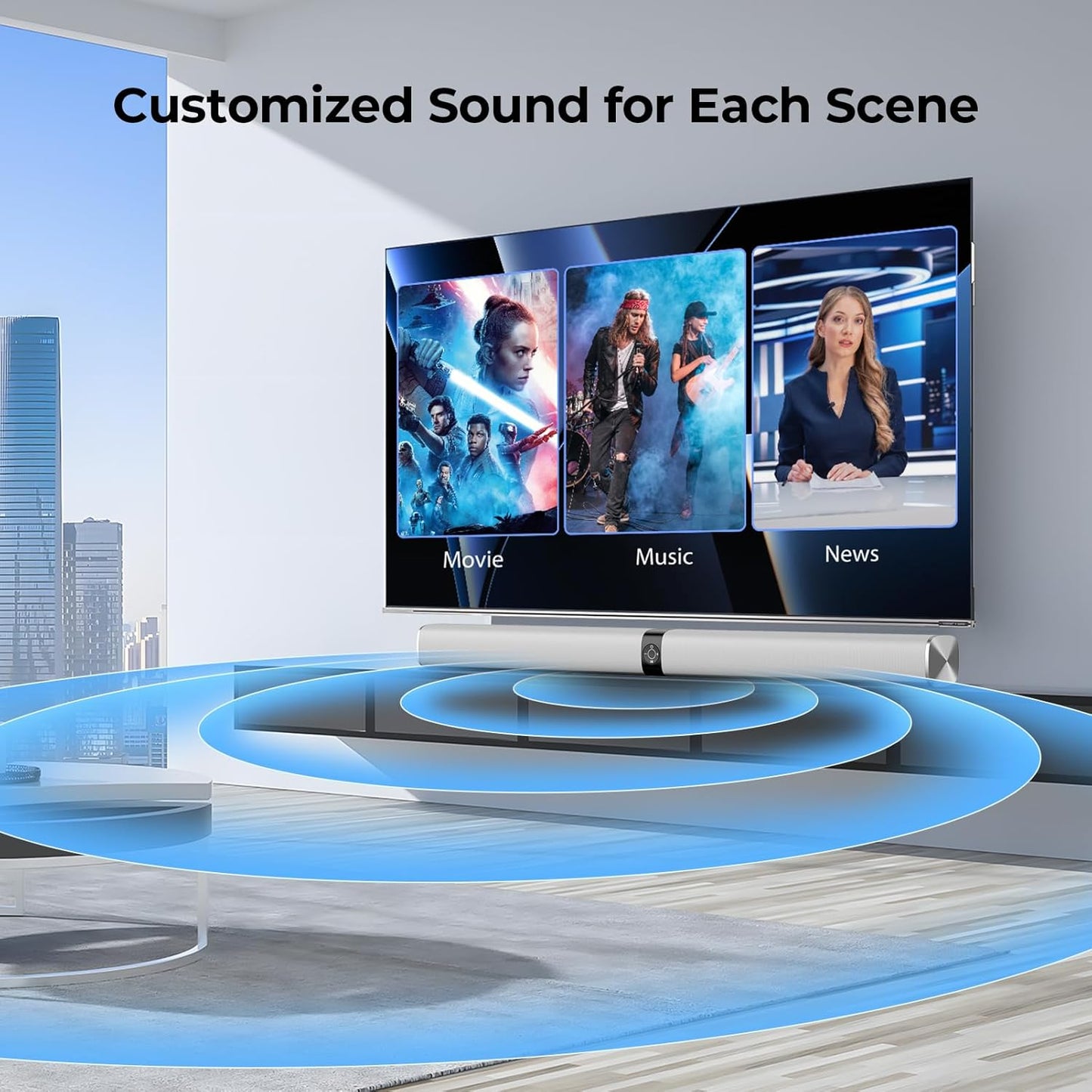 Sound Bar for Smart TV, 80W Soundbar with Bluetooth/ARC/Opt/AUX Connect, Auto Volume Boost, 3 Equalizer Modes, 2 in 1 Detachable Soundbar for TV/PC/Gaming/Projectors