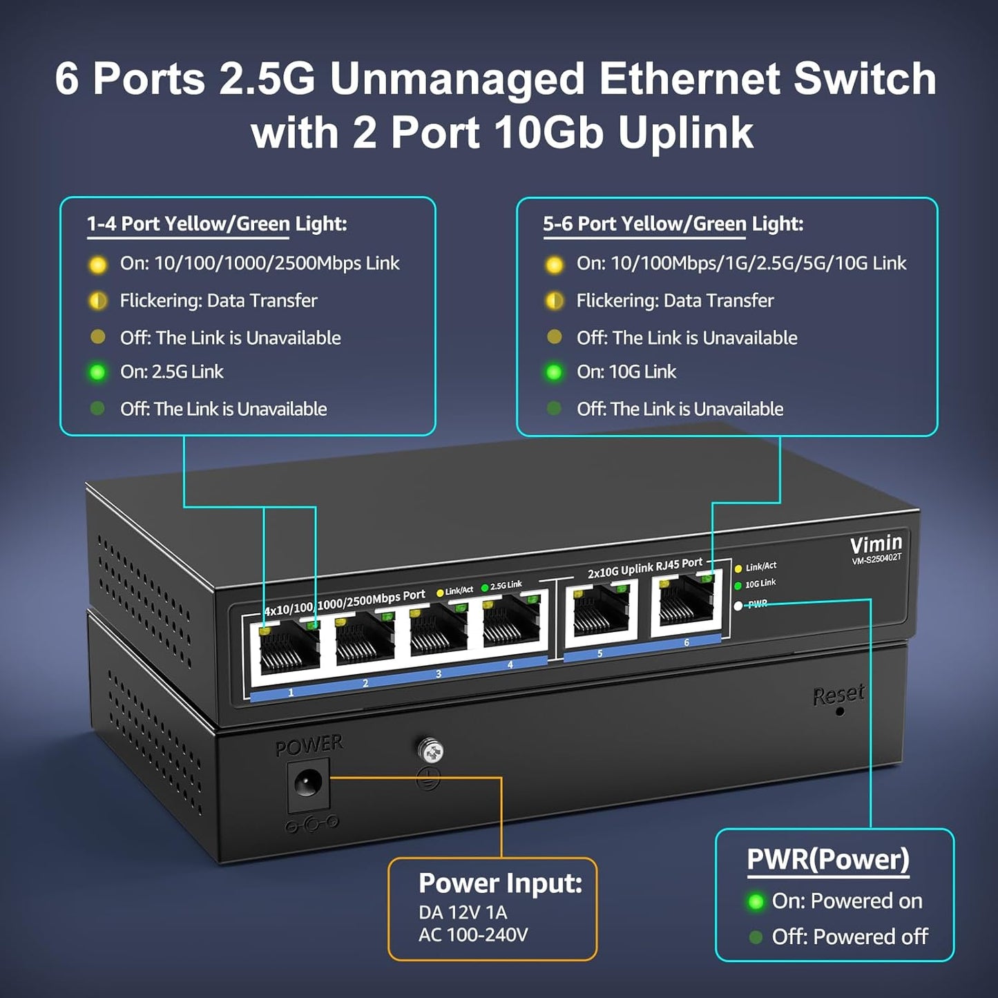 6-Port 10G/2.5G Ethernet Switch with Dual 10GBASE-T, Vimin 4X 2.5G +2 x 10Gb RJ45 Ports Unmanaged Switch, 60Gbps Capacity, 10G Switch Desktop/Wall Mount Network Switch for NAS, PC, Wireless AP