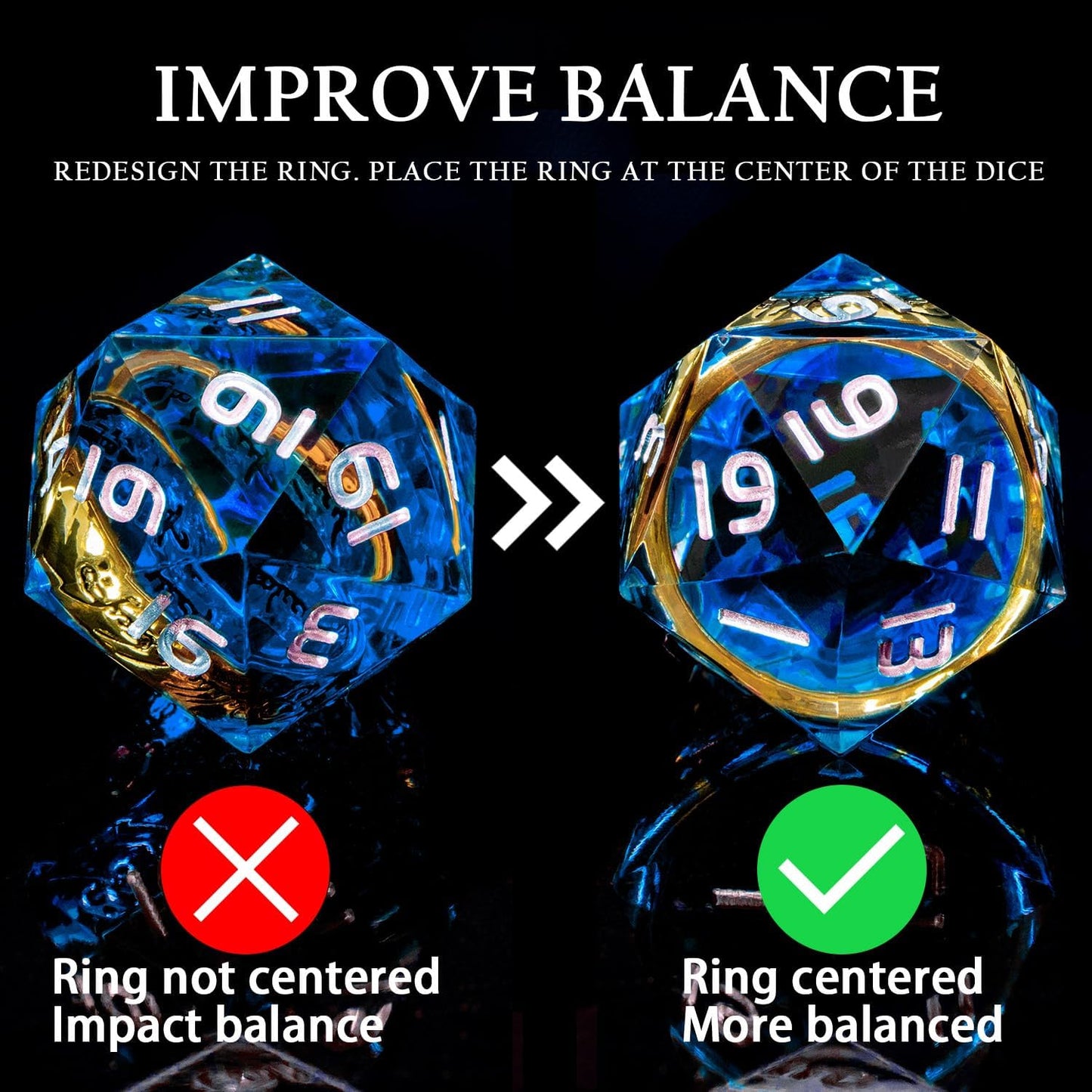 Magic Golden Ring DND Dice Set with Dice Box, Blue Resin Sharp Edge D and D Dice for use with D&D Tabletop Games Handmade Lord Polyhedral Dice Set D20 D12 D10 D8 D6 D4
