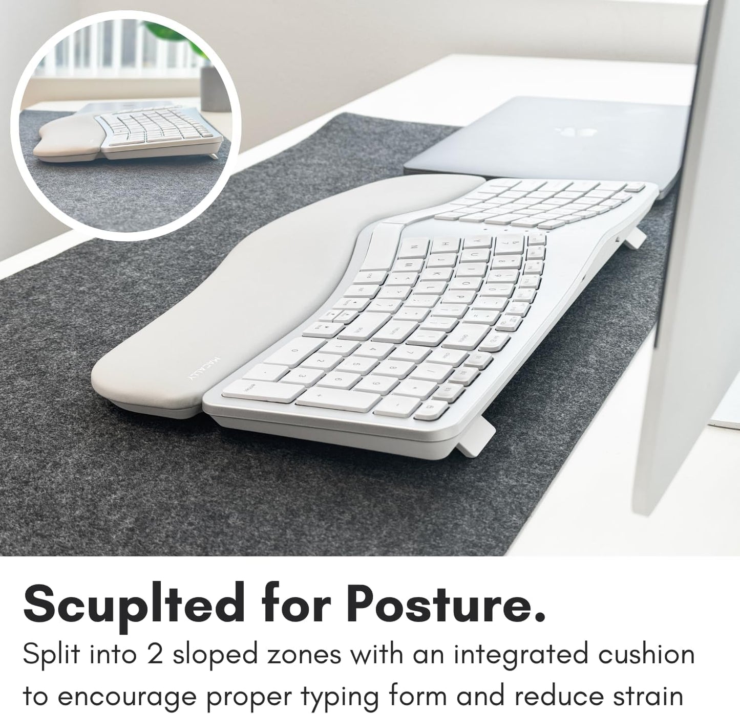 Macally Bluetooth Ergonomic Keyboard, Wireless Split Keyboard, Carpal Tunnel Comfort, Ergo Rechargeable Split Wrist Key Board - Backlit Apple 100 Key Layout for MacBook Pro/Air, iMac