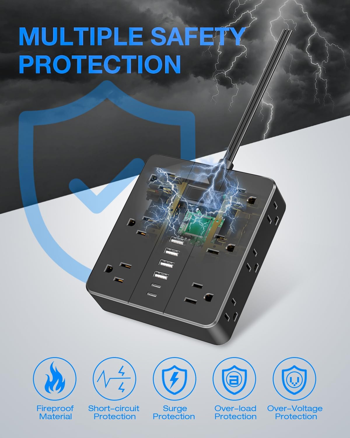 Flat Plug Surge Protector Power Strip, HUNIAN 12 Widely Spaced Outlets with 6 USB Charger (2 USB C Ports), 10 Ft Extension Cord Desk Charging Station for Home Office Supplies, Dorm Room, Black