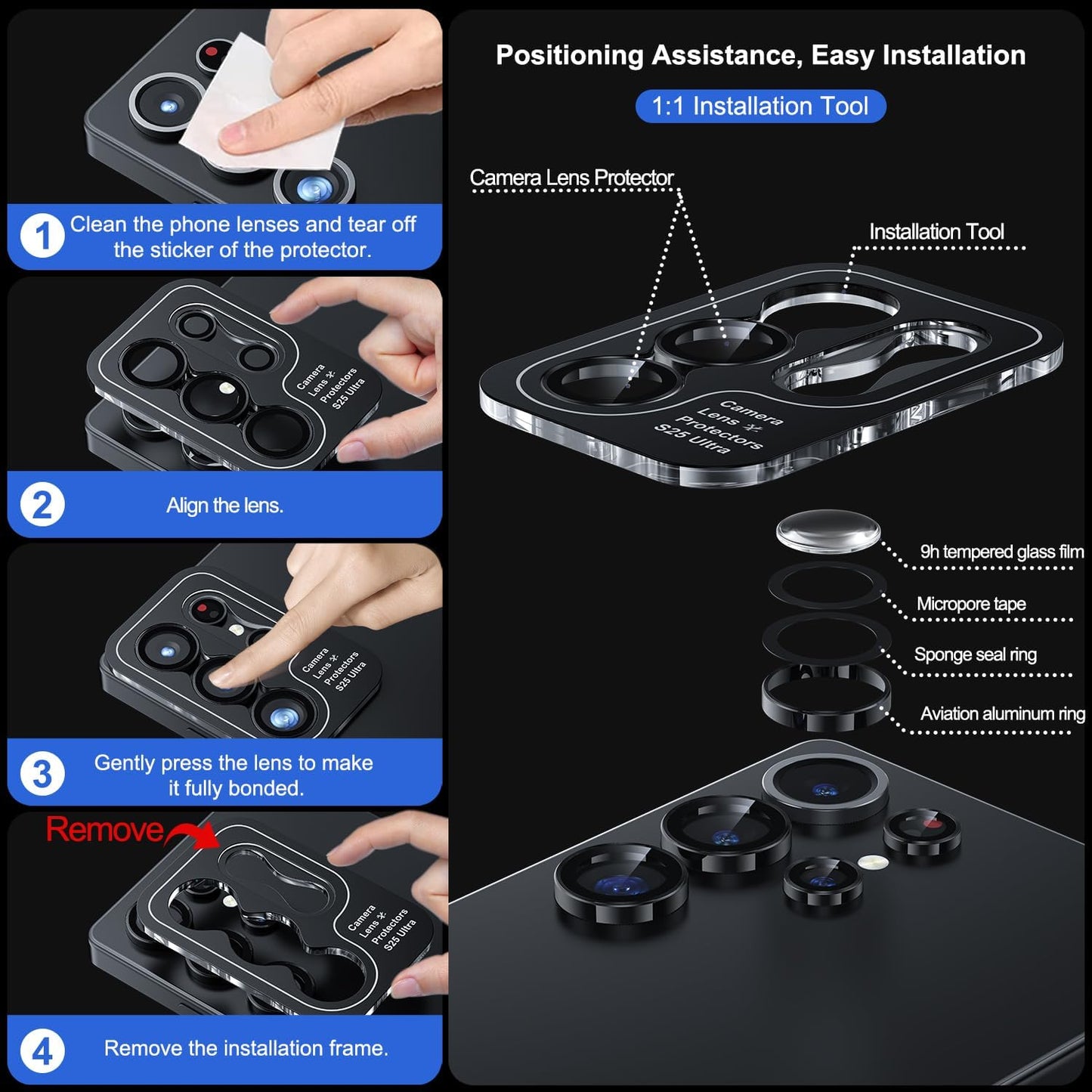 WSKEN for Samsung Galaxy S25 Ultra Camera Lens Protector - Ultra Thin Case Friendly, 9H Shatterproof Tempered Glass with Aluminum Metal Circle Camera Screen Protector Cover Accessories, Black