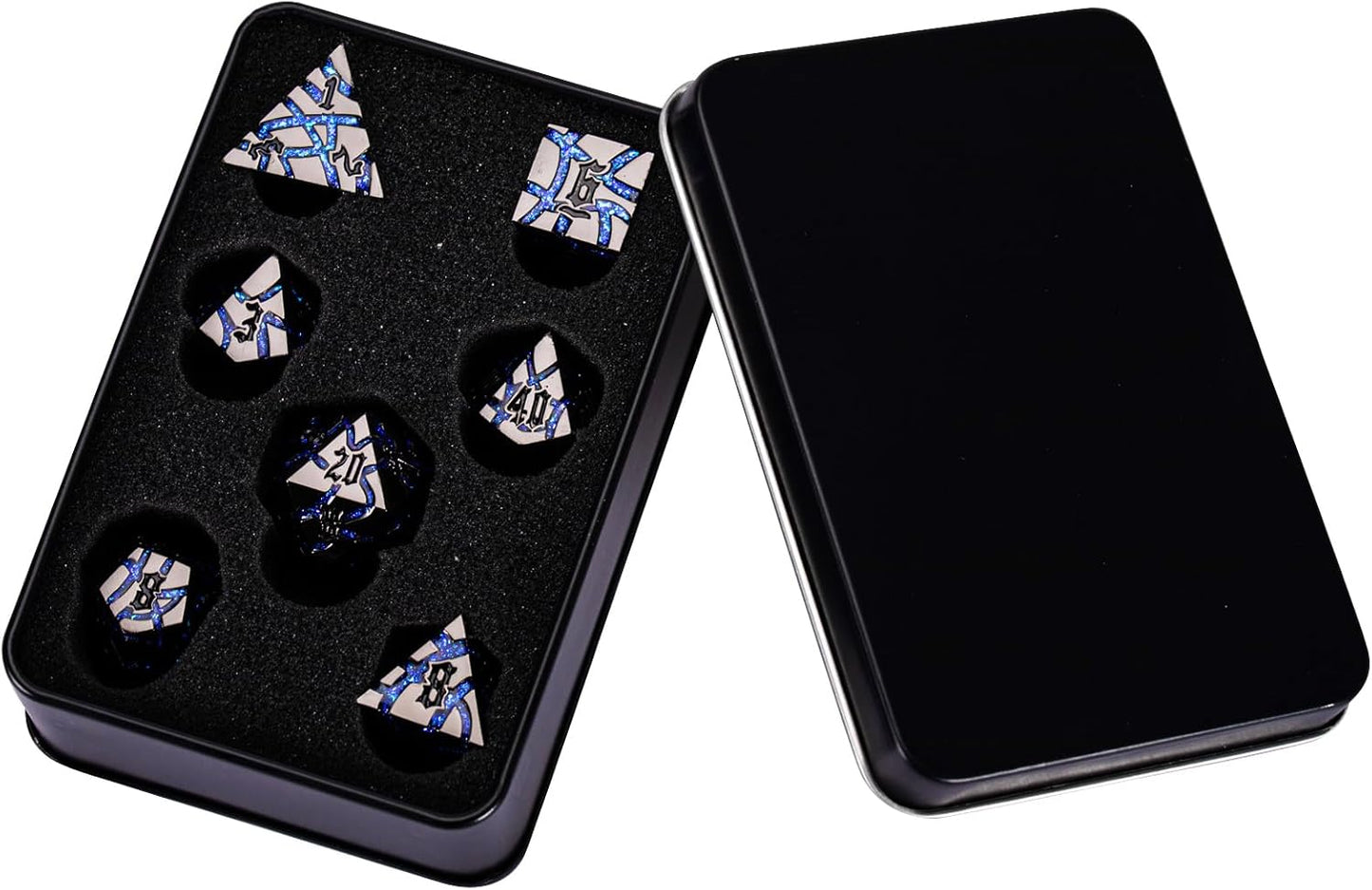 DND Crack Stripe Dice,Metallic Glitter Dice Set with Gift Box,Metal Polyhedral D&D Dice for Role Playing Game(Black Nickel Blue)