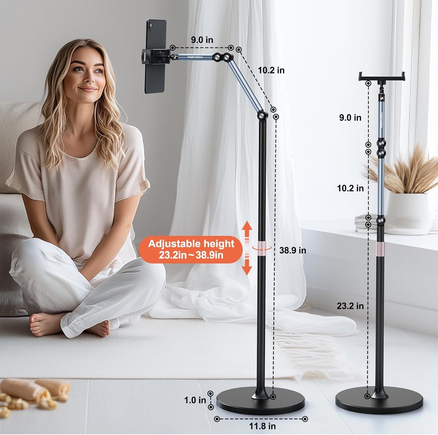 Tablet Floor Stand, Adjustable Tablet Stand, 360° Rotation Tablet Holder, Compatible with iPad, iPhone, Samsung, Google, Kindle Tablet/Phone, (4.5''-12'')