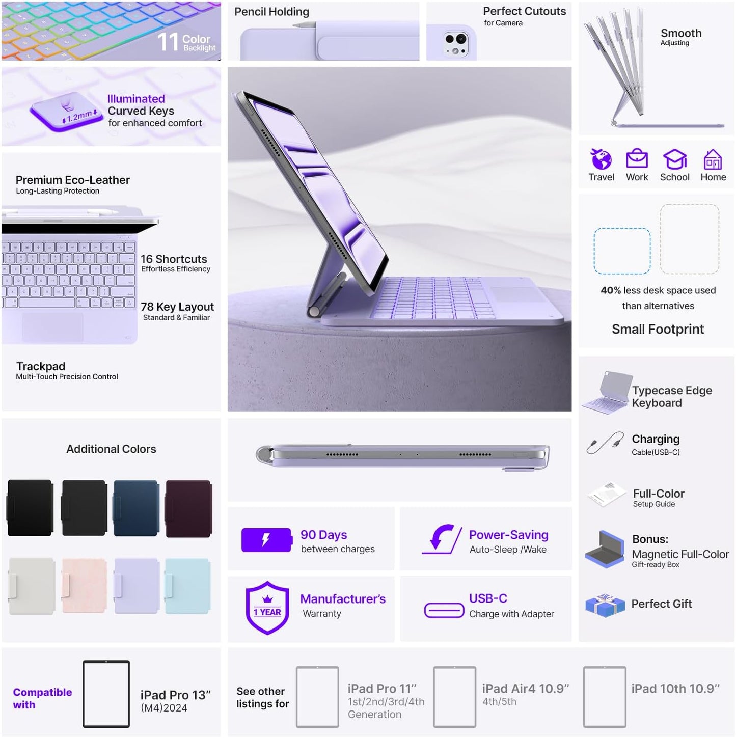 typecase Keyboard Case for iPad Pro 13-inch (M4) 2024,Magic Keyboard with 11 Colors Backlight for iPad Pro 13,Keyboard Case with Pencil Holder,Multi-Touch Trackpad,Easy-Set Magnetic Stand,Light Purple