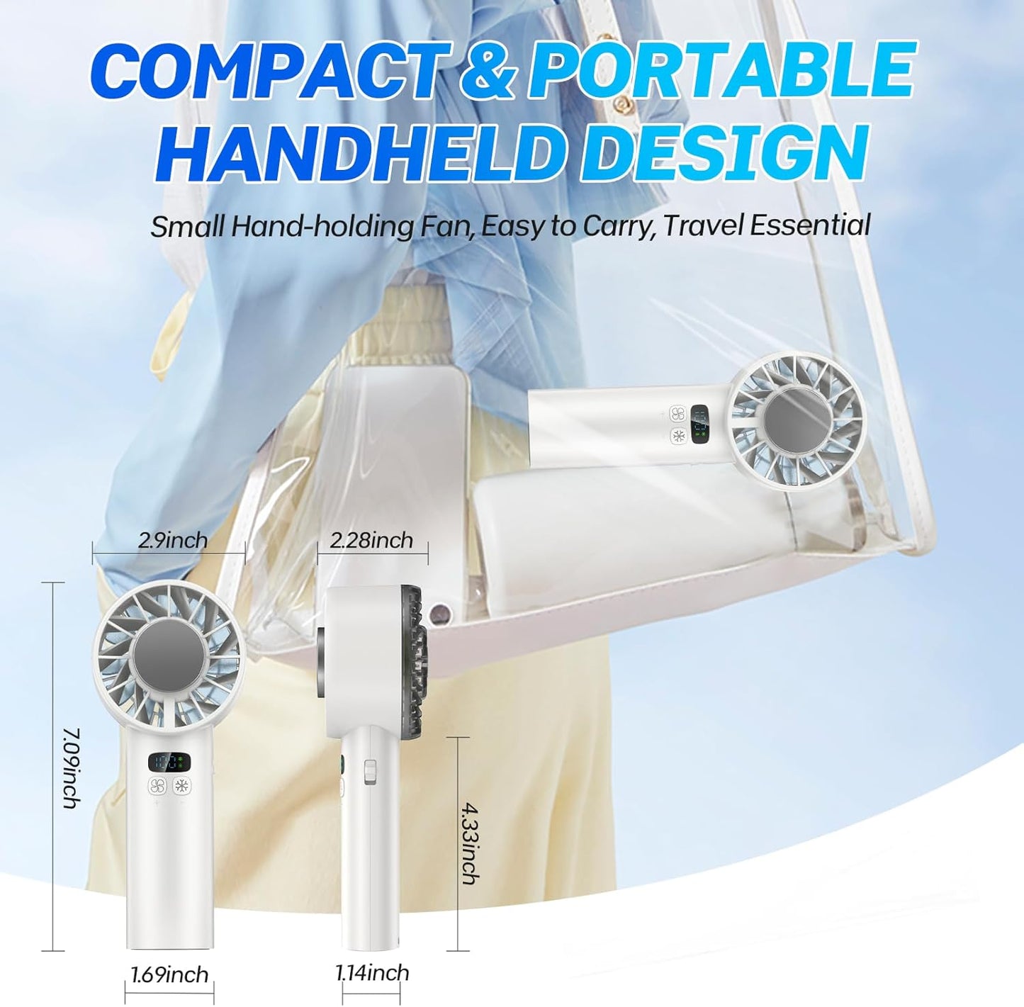 2025 Portable Handheld Ice Fan, Turbo Cooling Fans, 5200mAh, 100 Gear Hurricane Wind, ANC Silent Motor, Digital Display, USB C Rechargeable, Mini Icy Personal Electric Fan for Outdoor & Indoor (White)