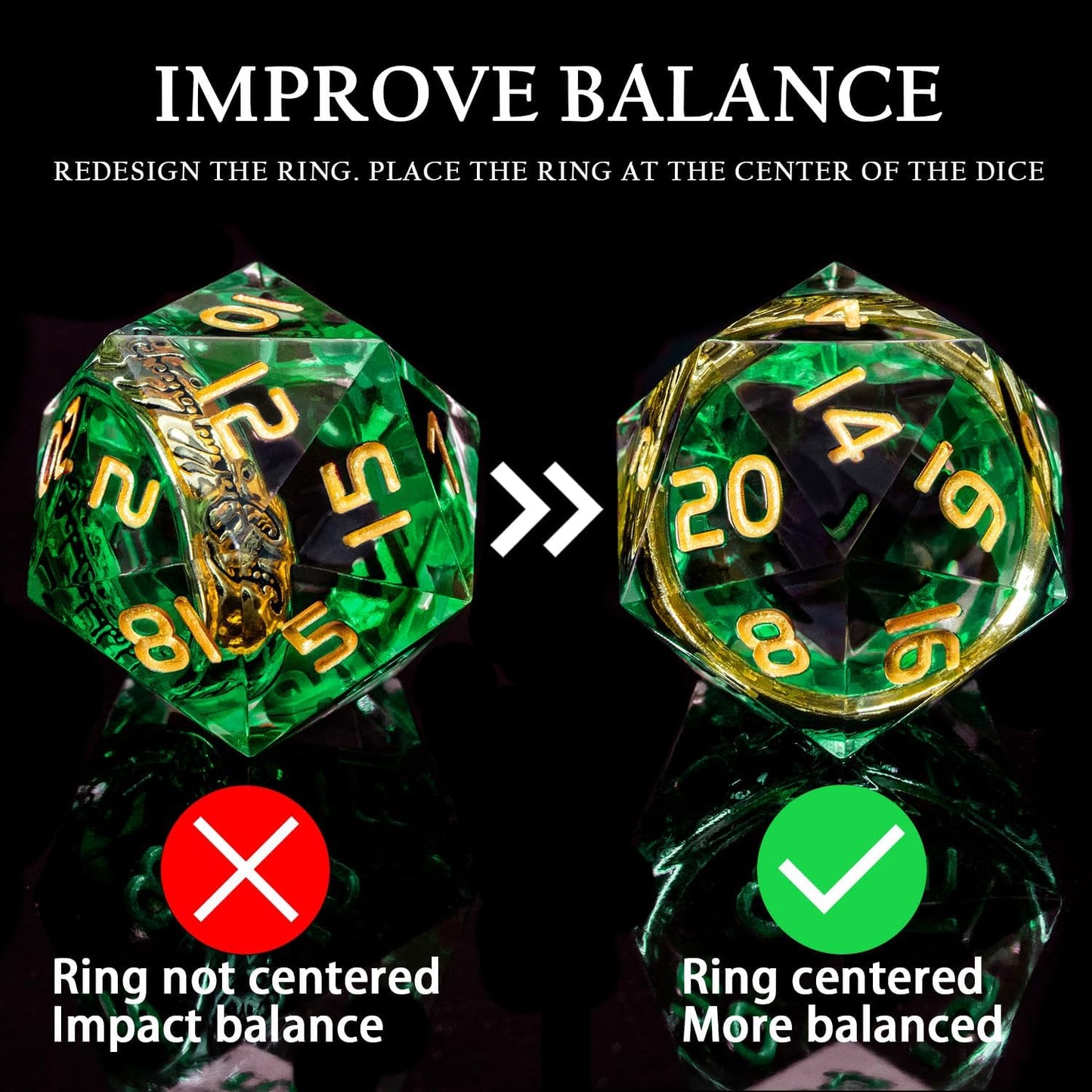 Magic Golden Ring DND Dice with Box, Green Sharp Edge Handmade D and D Polyhedral Dice for use with D&D Tabletop Games RPG, Lord Resin Dice D20 D12 D10 D8 D6 D4