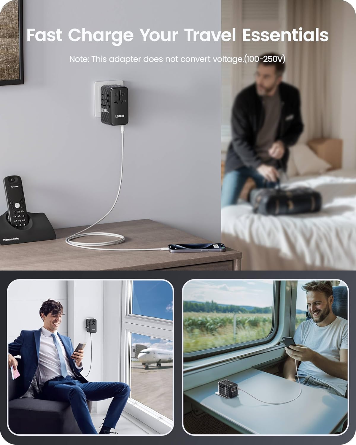 LENCENT 100W International Travel Adapter, GaN Universal Travel Adapter with 2 USB-A & 2 Type C Power Adapter, Fast Charger for Phone,Laptops, Worldwide Plug Adapter for USA/UK/EU/AUS, Black