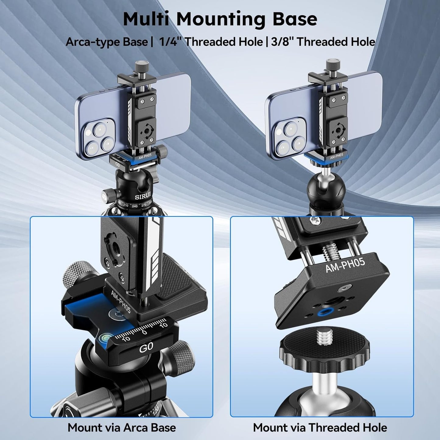 SIRUI Phone Mount for Tripod with Arca Base with 1/4"&3/8" Threaded Holes, Metal Tripod Cell Phone Clamp Holder with 2 Cold Shoes, Smartphone Adapter Compatible with iPhone, Galaxy, Pixel, AM-PH05