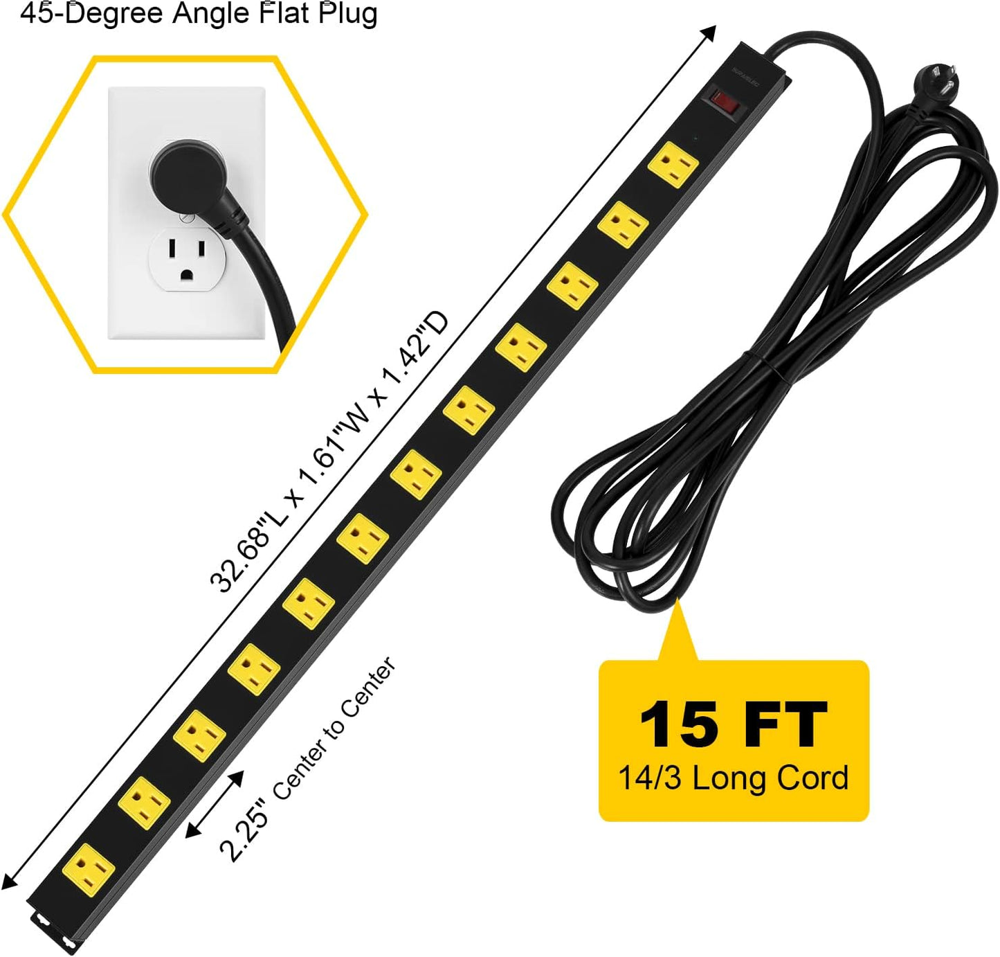 SURAIELEC 12 Outlet Long Metal Power Strip, 15 FT Cord Surge Protector, Angled Flat Plug, Wide Spaced Outlet Power Bar, 15A Breaker, Wall Mountable, Industrial Heavy Duty for Work Bench, Shop, Garage