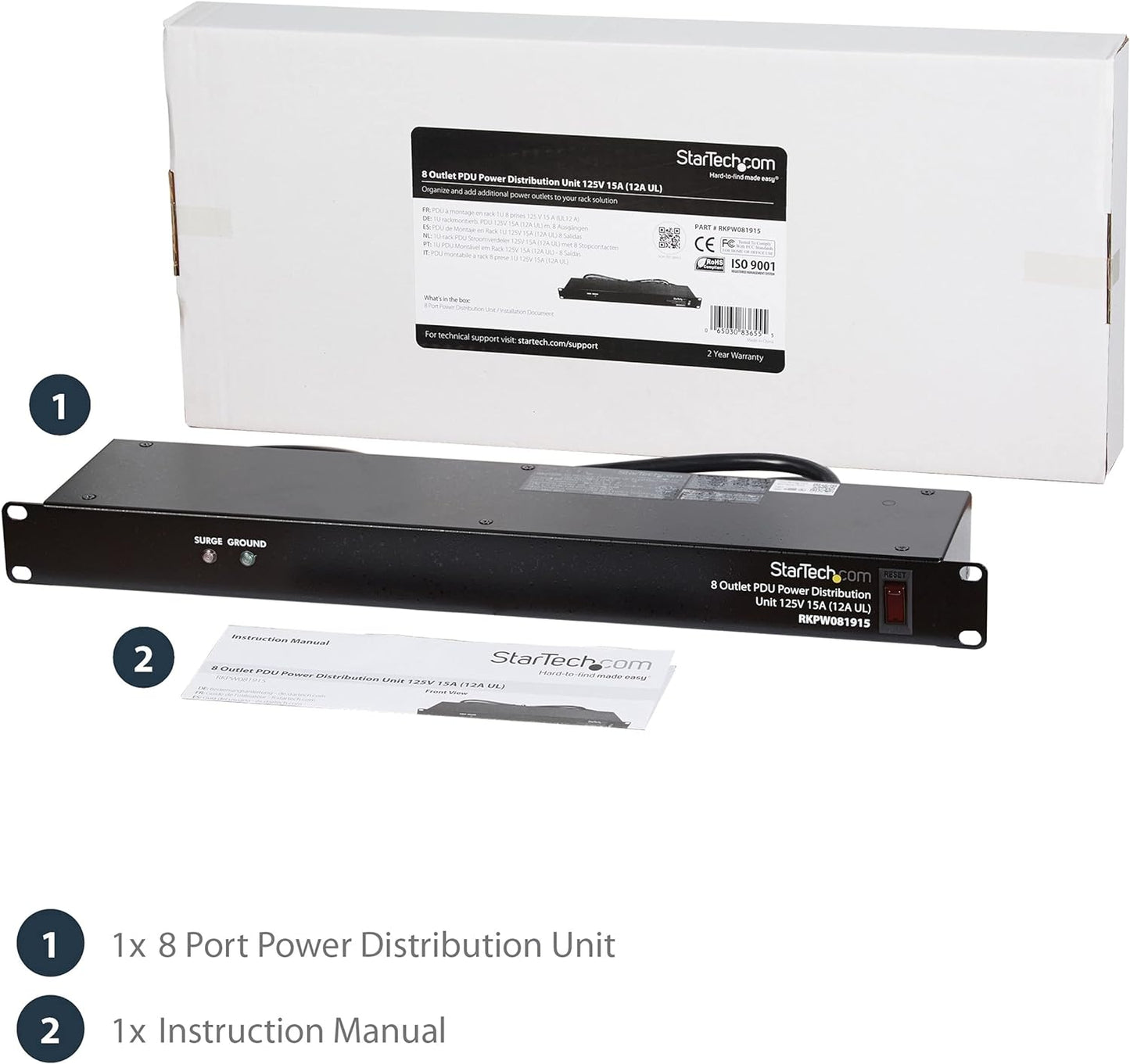 StarTech.com 8 Outlet Horizontal 1U Rack Mount PDU Power Strip for Network Server Racks - Surge Protection - 120V/15A - w/ 6ft Power Cord (RKPW081915)