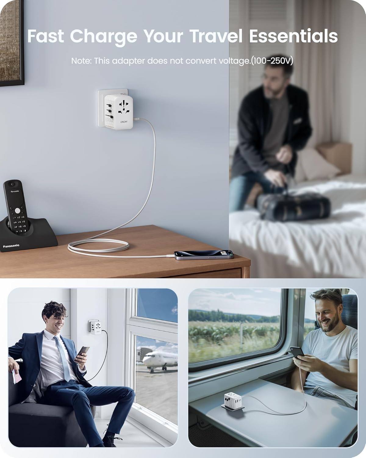 LENCENT 65W International Travel Adapter, Universal Travel Adapter with 2 QC USB-A & 3 PD3.0 Type C Power Outlet, Fast Charging for Phone,Laptops, All-in-One Outlet Converter for USA/UK/EU/AUS, White