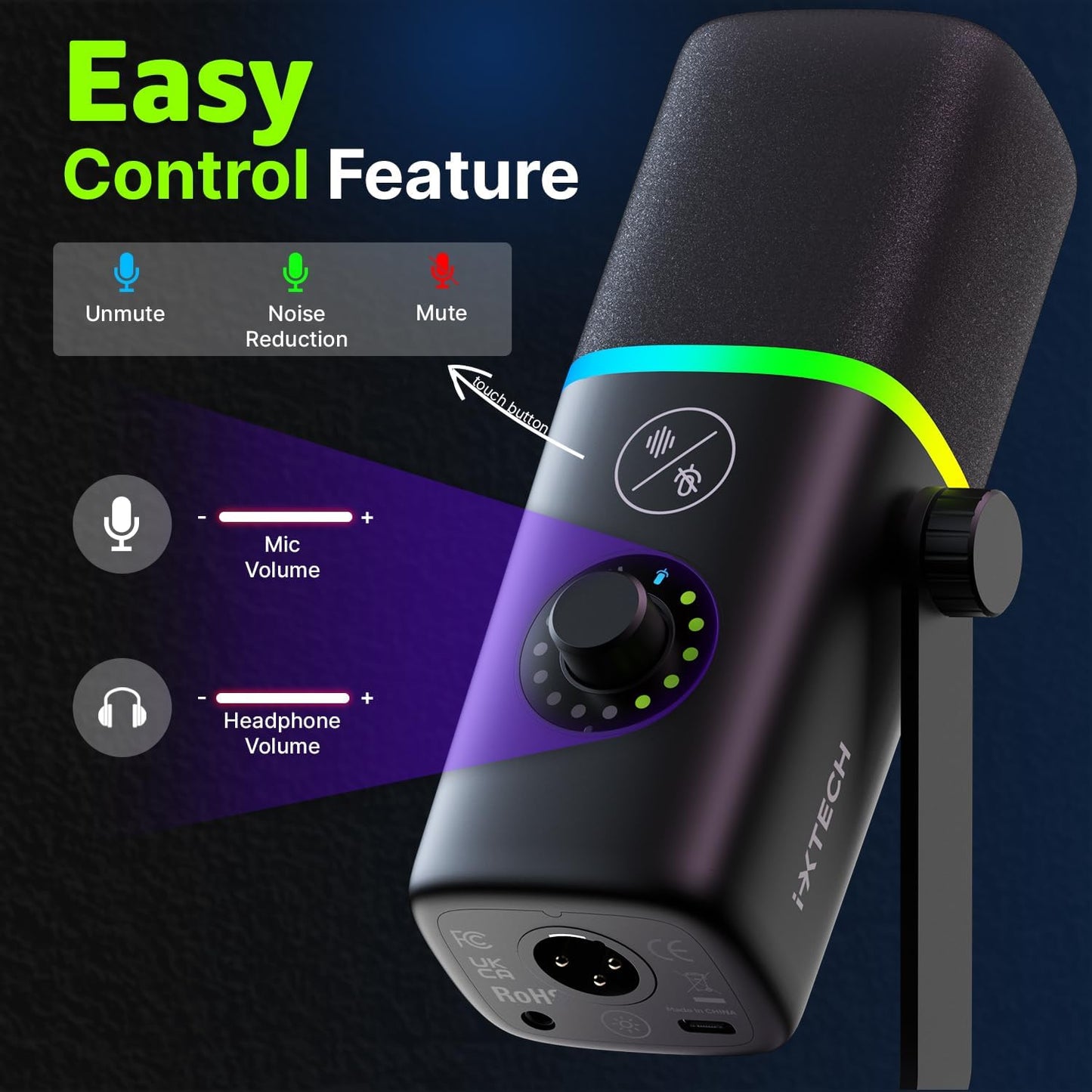 IXTECH Gaming USB Microphone for PC, Noise Cancellation Condenser Mic for Podcasts and Video Streaming with Tripod Stand, Pop Filter, Shock Mount, Gain Control, RGB Lights, Quiet Mute Button (Black)