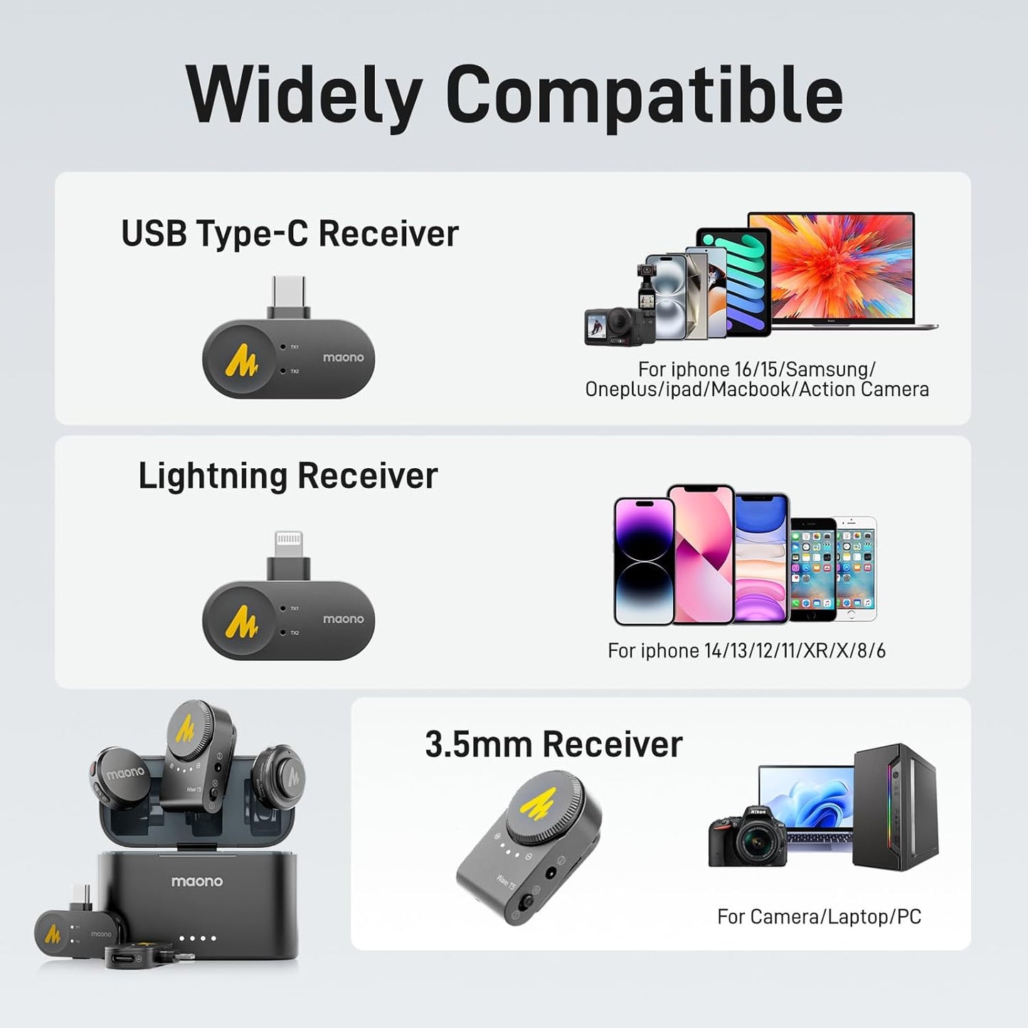 MAONO Wireless Lavalier Microphone for iPhone/Android/Camera/PC, Mini Lapel Mic with 48khz 24bit, Voice Filter, Noise Cancellation, 30h Battery, USB-C/Lightning Plug for Video Recording - Wave T5