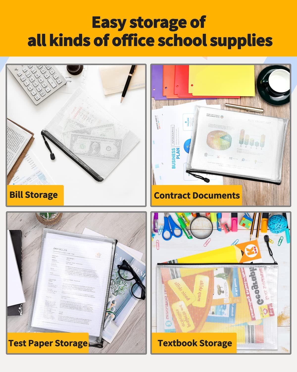 SUNEE Mesh Zipper Pouch 7x11 in (Black, 30 Packs), Mesh Bags with Zipper for School Office Supplies, Puzzles & Games, Travel Accessories, Waterproof Zipper Pouches for Organizing