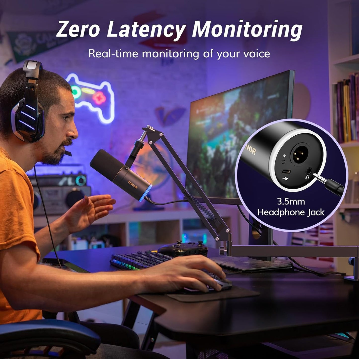 TONOR Dynamic Microphone, XLR/USB Microphone for Gaming, Streaming, XLR Cardioid Studio Mic with Quick Mute, Headphone Jack, Volume Control, Mic with RGB Lighting and Low Profile Boom Arm, TD520s+