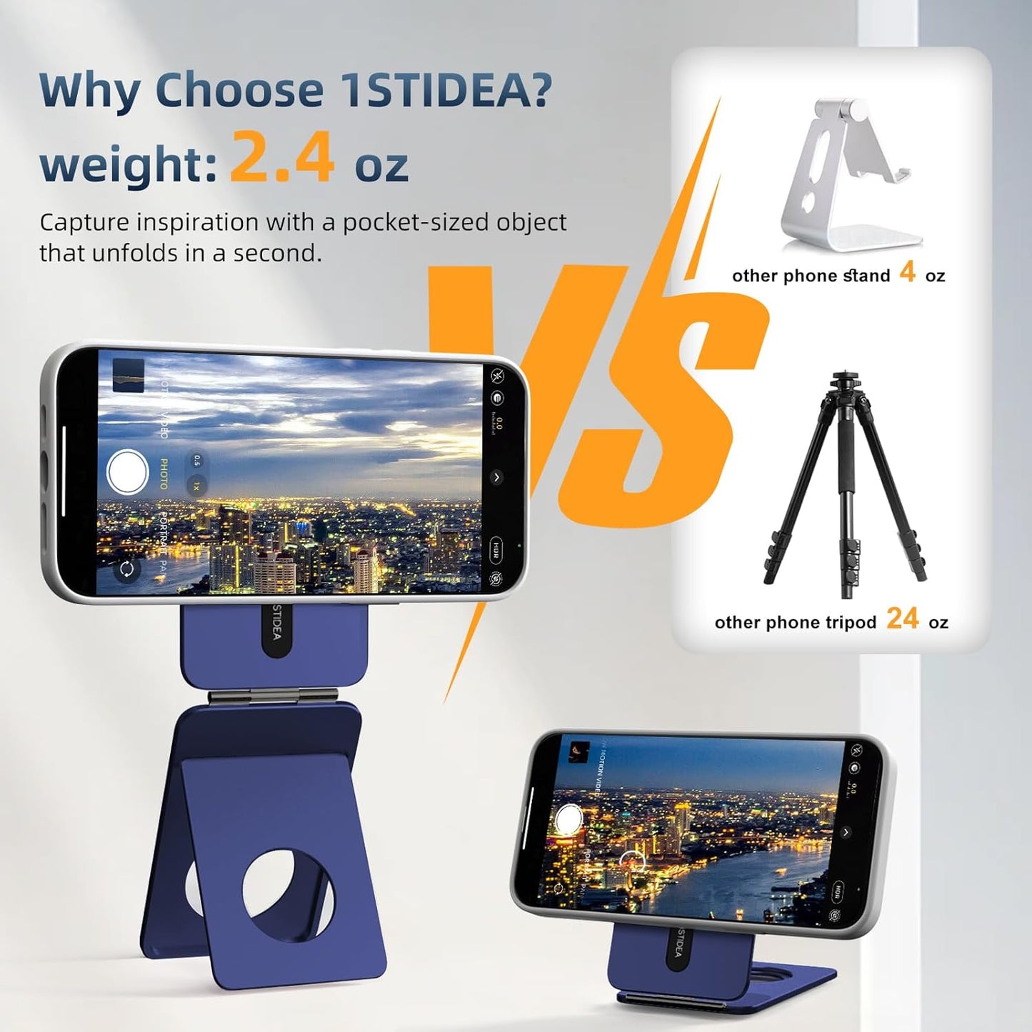 Phone Tripod Stand, Aluminum Alloy Mini Tripod Compatible with Magsafe iPhone 16/15/14/13/12 Series, Foldable Strong Magnetic Phone Stand, Mult-Angle Adjustment Selfie Stick (Navy Blue)