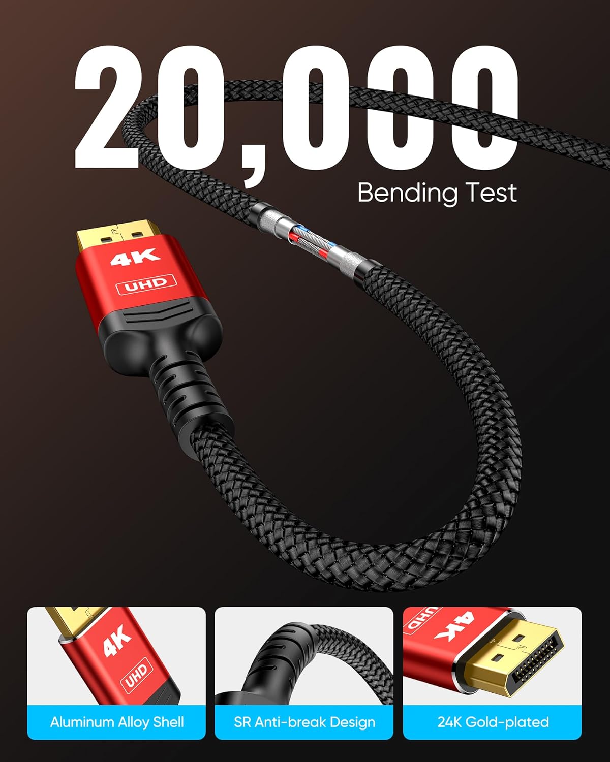 Highwings 4K DisplayPort to HDMI, 10ft Uni-Directional DP (Source) to HDMI (Display) 1.4 Cable, 4K@30Hz, 2K@60Hz, 1080P Full HD, Braided Cord for Dell, NVIDIA, AMD, Monitor, Projector (Red)