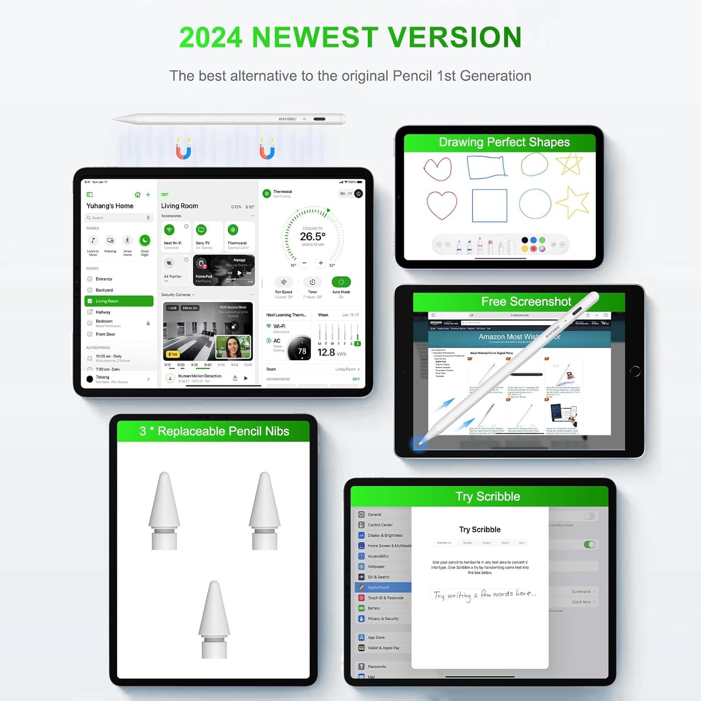 Stylus Pen for iPad 2018-2025: HATOKU 15 Mins Fast Charging Pencil Pro for iPad with Tilt Sensitivity Palm Rejection - Pen for iPad Air 3 4 5 M2 M3- Pro 11" 12.9" M4 - Mini 5 6-6 7 8 9 10 11th Gen