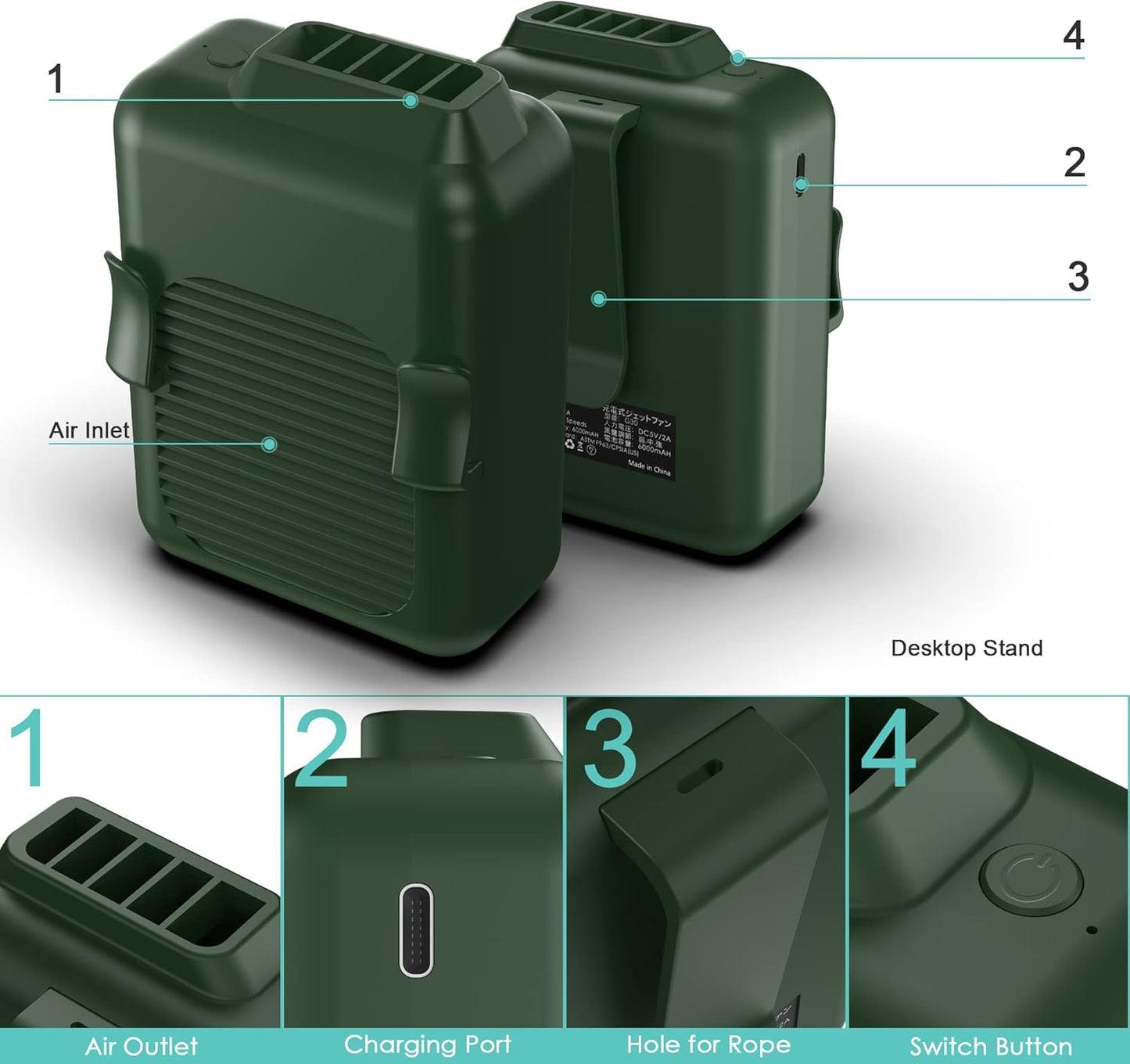 COMLIFE Portable Mini Waist Fan, 6000mAh Battery Powered Hands-free Wearable Fan With Max 23H Working Time, 3 Speeds, 5100RPM Strong Airflow for Jobsite, Farm, Fishing, Gardening And More (Green)