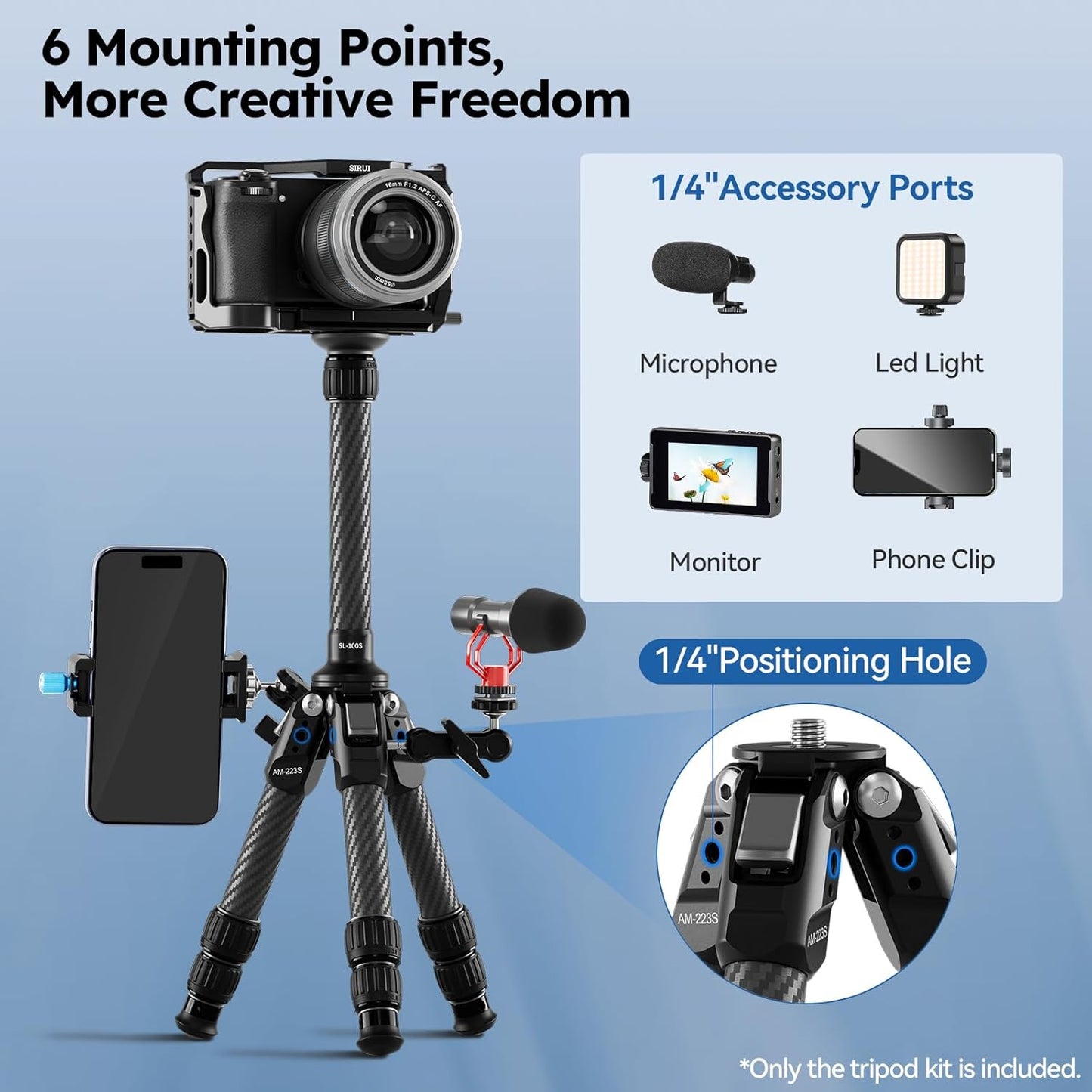 SIRUI Mini Carbon Fiber Tripod with Extendable Center Column, Max Height 26", Supports 33lbs - Ultra-Light 1.7lbs for Desk & Travel, New Anti-Corrosion Carbon Fiber(AM-223S+SL-100S)