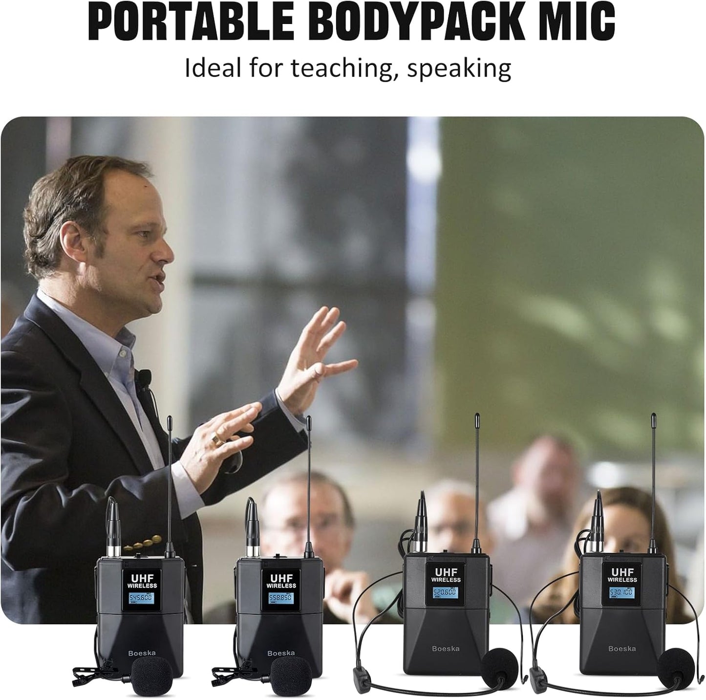 Wireless Microphone System 4 Channel UHF 4 Lavalier Lapel Headset Mics for Karaoke Church Speaking Conference Meeting Party, 4x25 Adjustable Frequency (4 Bodypack)