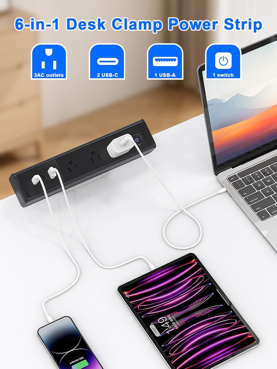 Desk Clamp Power Strip with 65W USB-C&USB A Ports 3 AC Outlet, Nightstand Edge Mount Charging Station Power Strip with USB-C Ports Tabletop Surge Protector for Home Office, Dorm Room(Black)