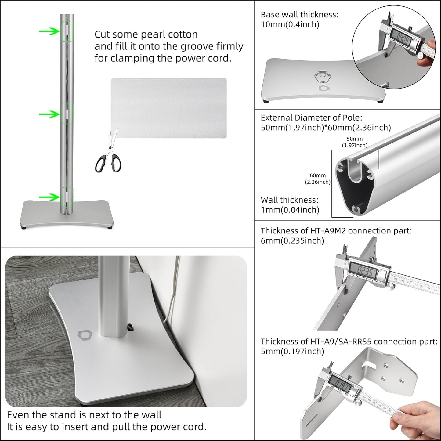 Luxury Floor Stand for Sony HT-A9M2 HT-A9 SA-RRS5 - Aerospace Aluminum Speaker Stand with Adapter Kits, Hi-End Home Theater Accessory, Silver Finish