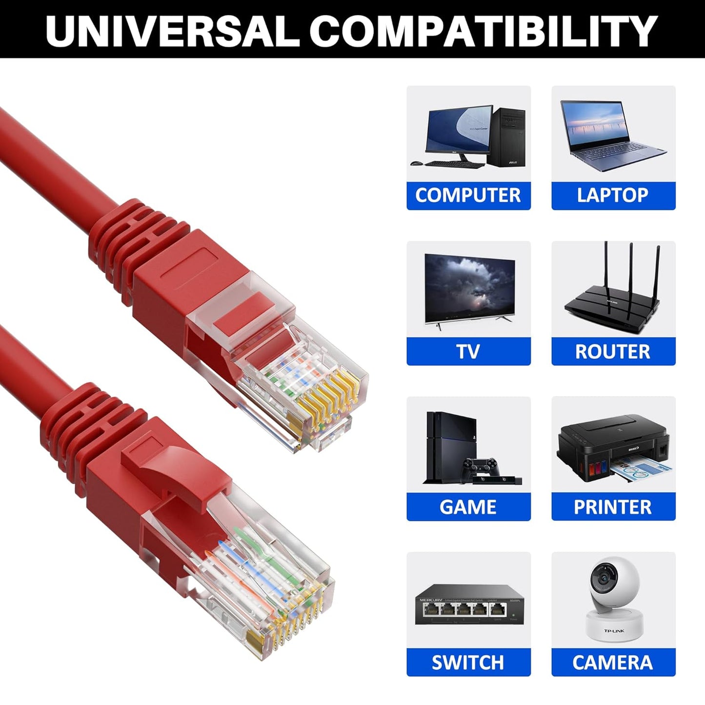Cat5e Ethernet Cable 35 FT, Cat 5e Internet Cable, Red Snagless Patch Cord, Flexible, Network, LAN, PoE, Standard RJ45 Connector for PC, Server, Router, Modem, TV, PS5 - with 15 Cable Ties