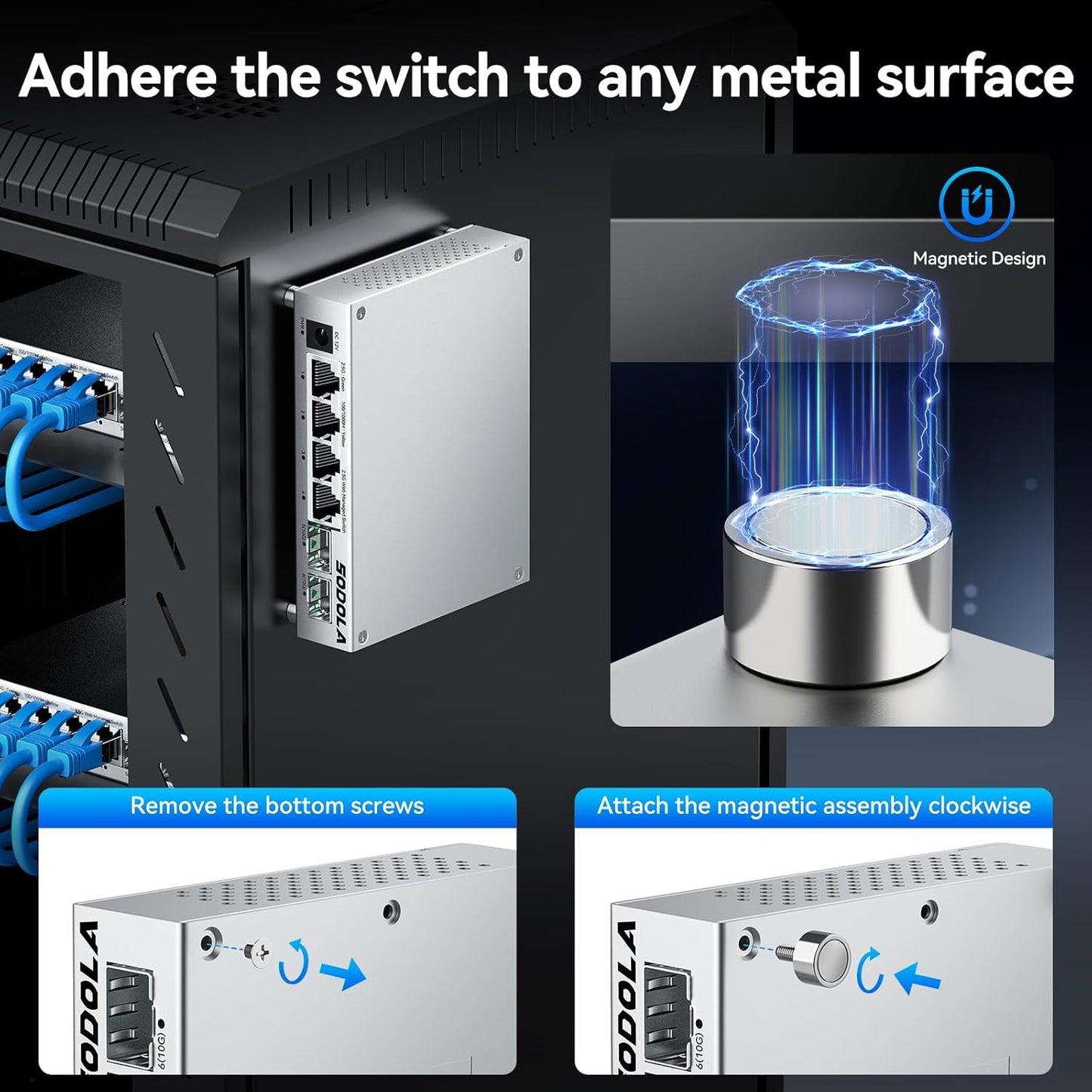 SODOLA 6 Port 2.5Gb Easy Web Managed Switch, 4 x 2.5G Base-T Ports, 2 x 10G SFP+,Aluminum Alloy Cooling & Magnetic Mounting - LACP/QoS/VLAN/IGMP Managed Multi-Gigabit Switch for Homelab