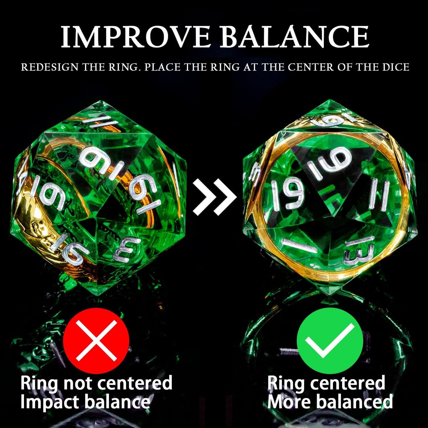 Magic Golden Ring DND Dice Set with Case, Green Resin Sharp Edge D and D Dice for use with D&D Tabletop Games Lord Handmade Polyhedral Dice Set D20 D12 D10 D8 D6 D4
