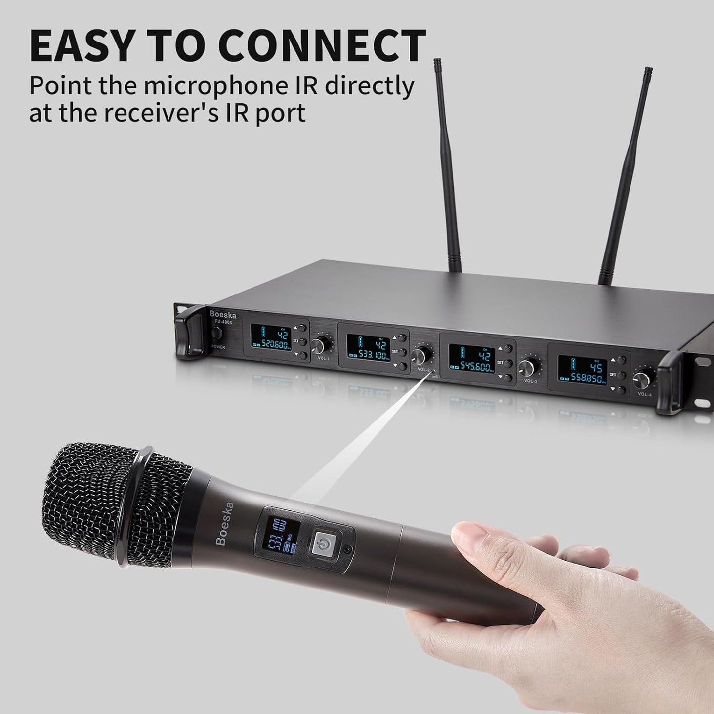 Wireless Microphone System, 4-Channel UHF Wireless Mic, Fixed Frequency Metal Cordless Mic with 4 Handheld Dynamic Microphones, 200ft Range, Mics for Singing, Church (4 Handheld)