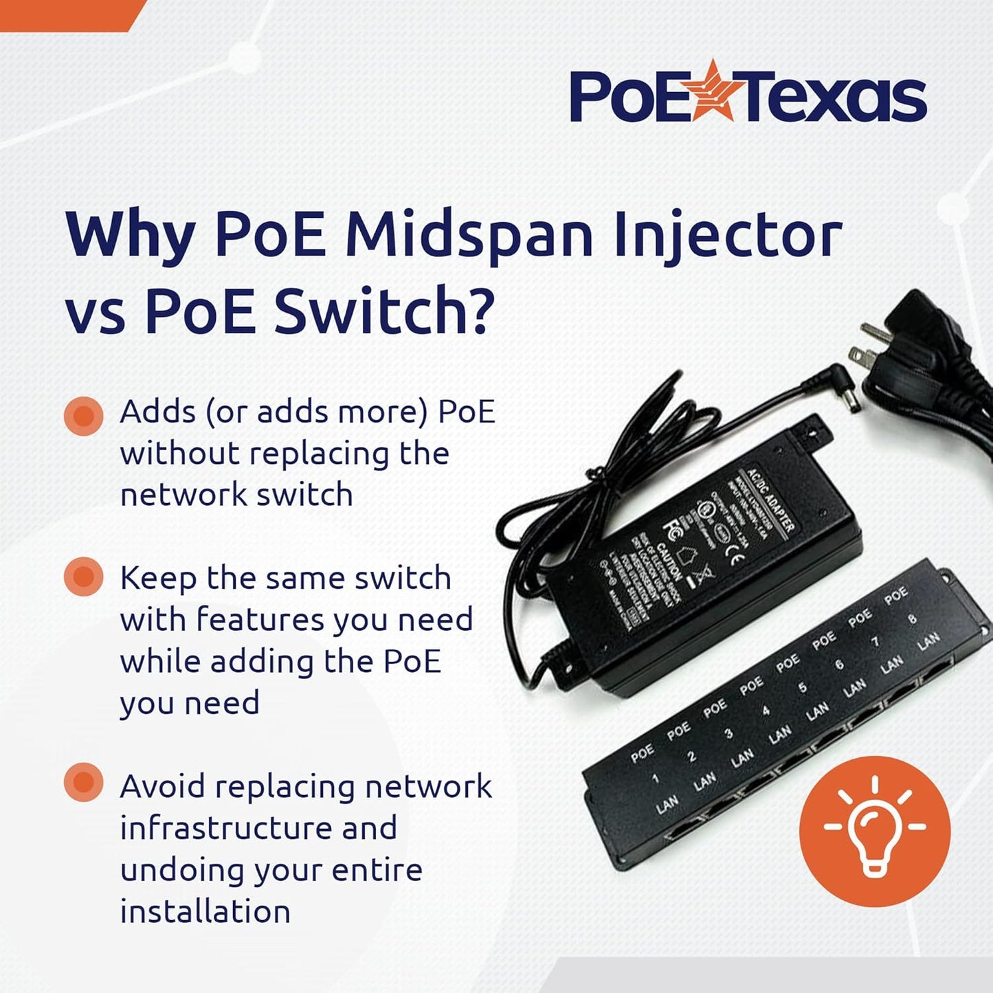 PoE Texas 8 Port Injector - 10/100 Passive Power Over Ethernet With 48V 60W UL Power Supply - 802.3af for VoIP Phones, WiFi Access Points, IP Cameras - Add to A Non-PoE Switch