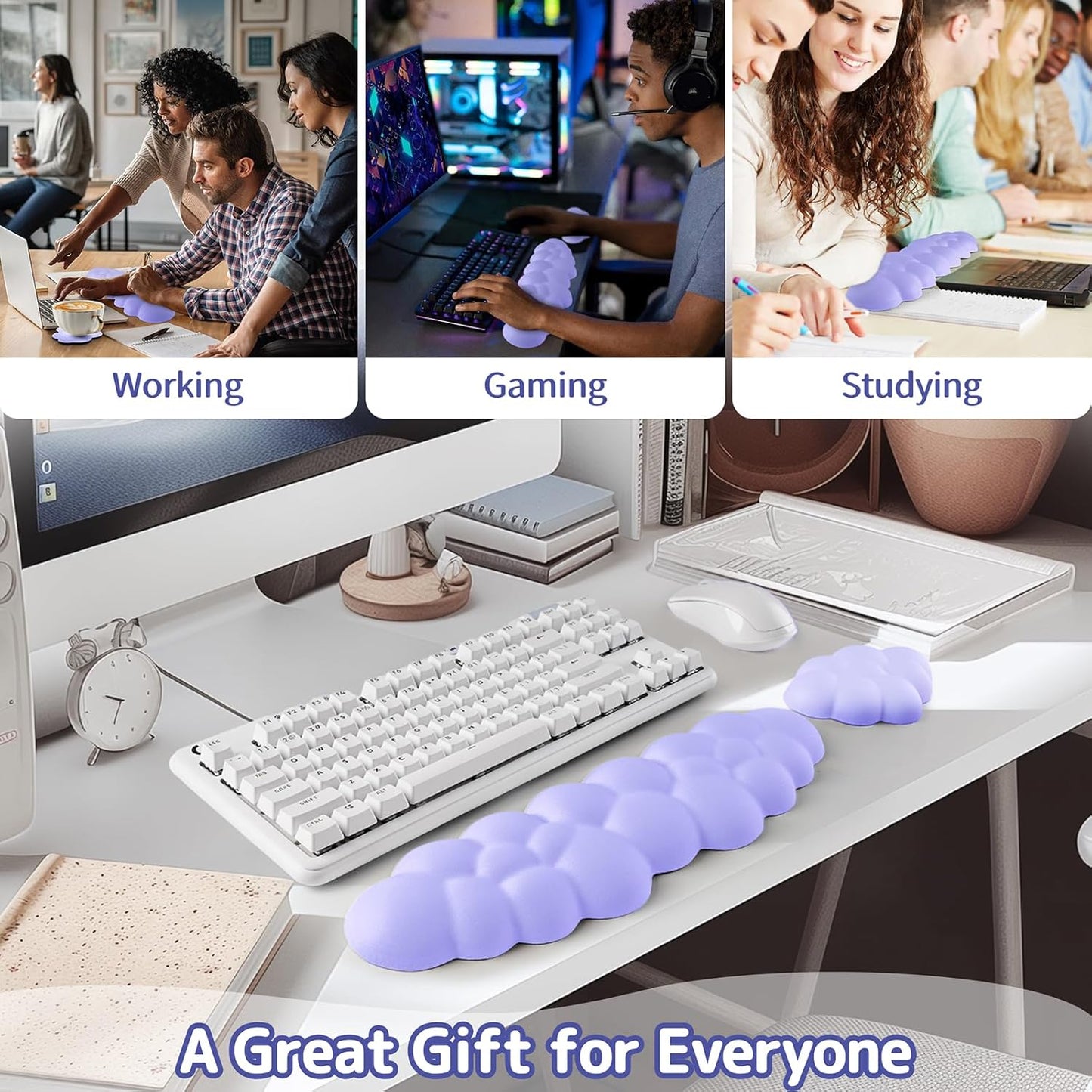 Cloud Wrist Rest Keyboard, Cloud Keyboard Wrist Pad Set with PU Leather Memory Foam, Cute Arm Rest for Palm Support, PC/Gaming Desk Accessories/Office Setup/Computer Hand Cushion - Purple