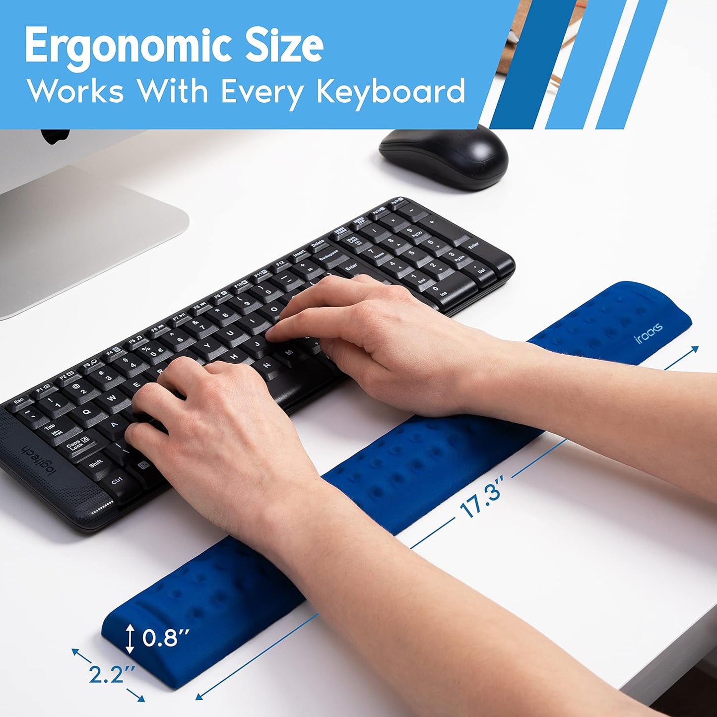 i-Rocks Ergonomic Memory Foam Keyboard Wrist Rest - Pain-Reducing, Cooling, Non-Slip, Blue, Minimalist