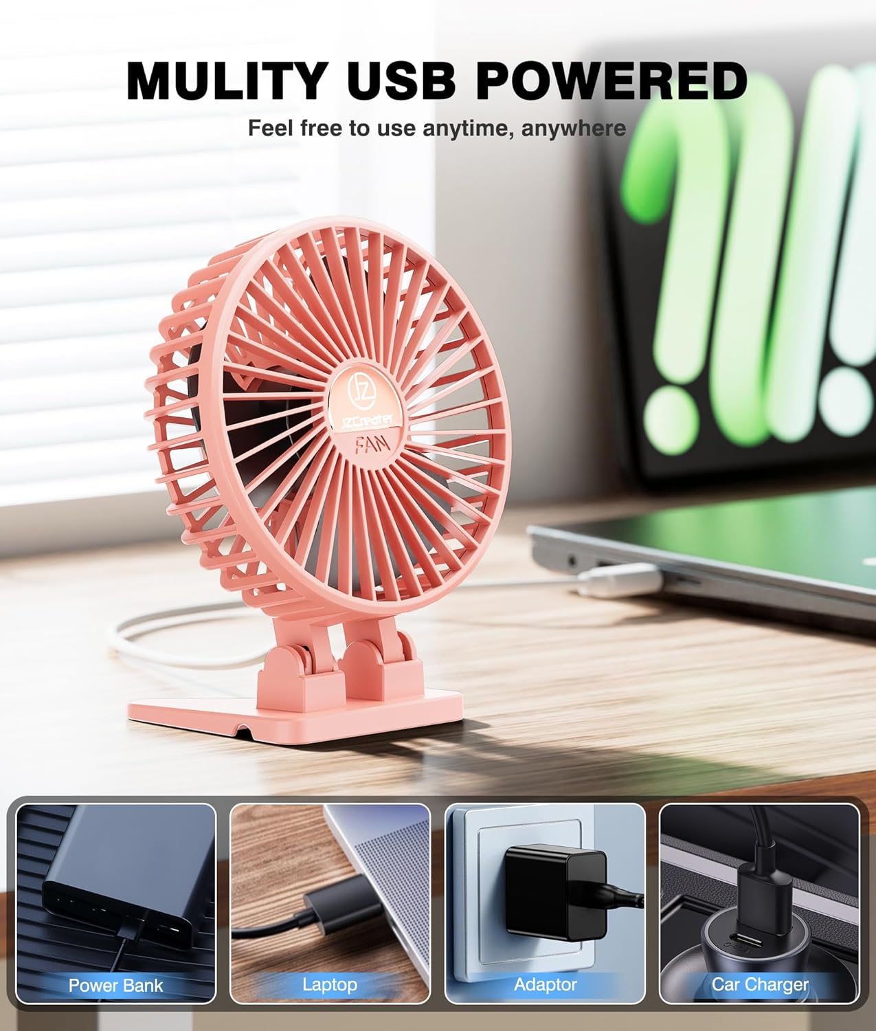 JZCreater USB Desk Fan, Portable Mini Fan, 3 Speeds Desktop Table Cooling, Plug in Power, Rotation Strong Wind, Quiet Personal Small Fan for Home Desktop Office Travel Bedroom, Pink