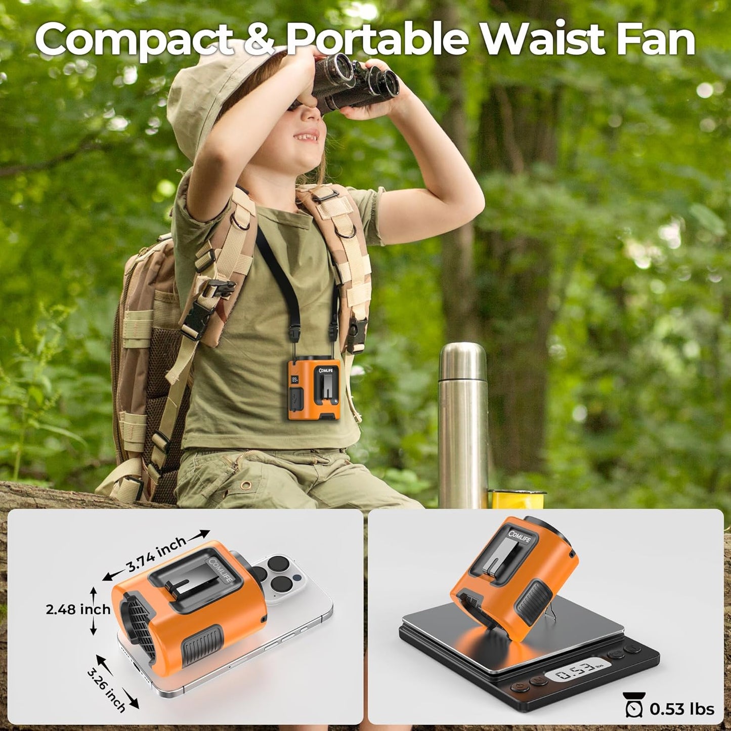 Portable Mini Waist Fan - Personal Wearable Clip on Belt Fan, Rechargeable Battery Operated, Max 25H Cooling,4 Speeds 13000RPM Turbo Hands-Free Shirt Neck Fan for Outdoor Jobsite Camping Traveling