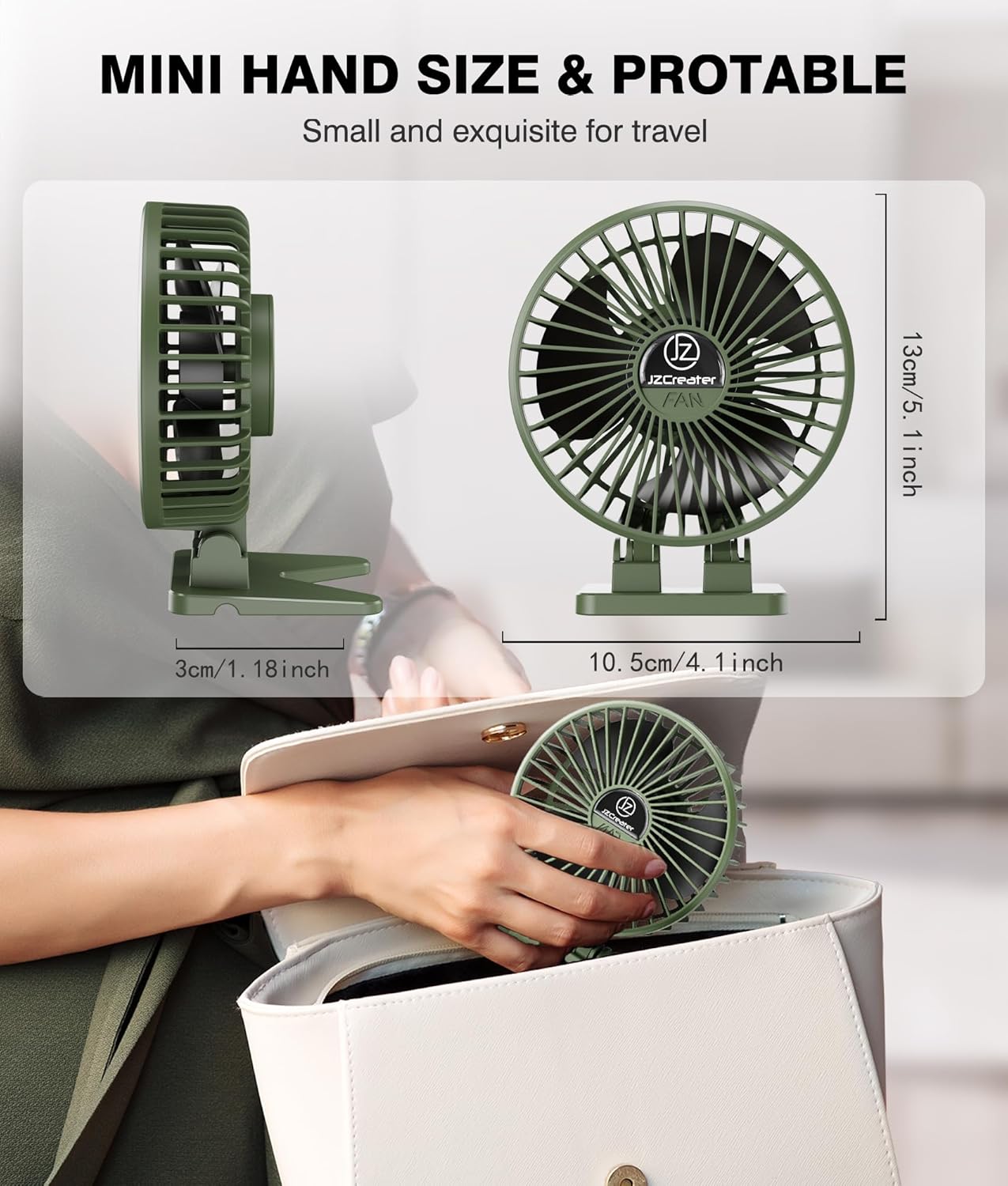 JZCreater USB Desk Fan, Mini Fan Portable, 3 Speeds Desktop Table Cooling Fans, Plug in Power Fans, Rotation Strong Wind, Quiet Personal Small Fan for Home Desktop Office Travel Bedroom, Army Green
