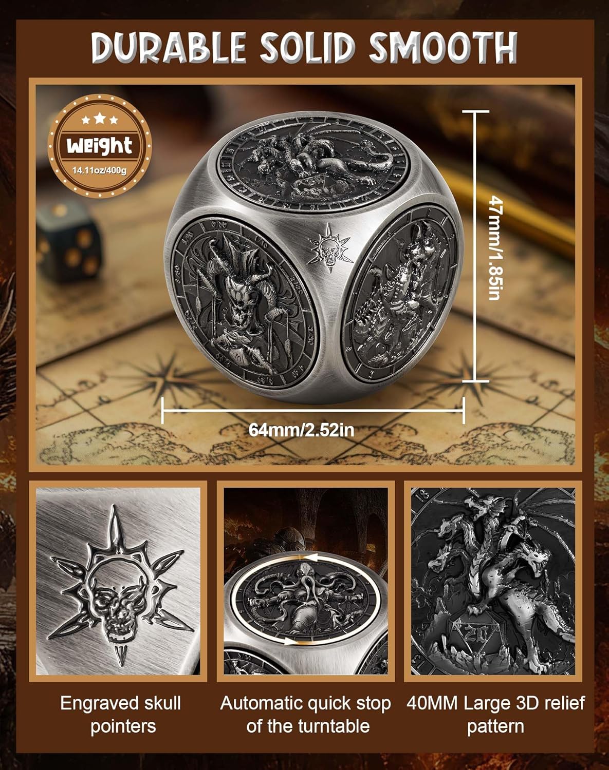 Kabinka Spinner Dice for 7 in 1 DND Dice Set, Unique Metal Dice for Dungeons and Dragons RPG Role Playing Gaming (Ancient Silver)