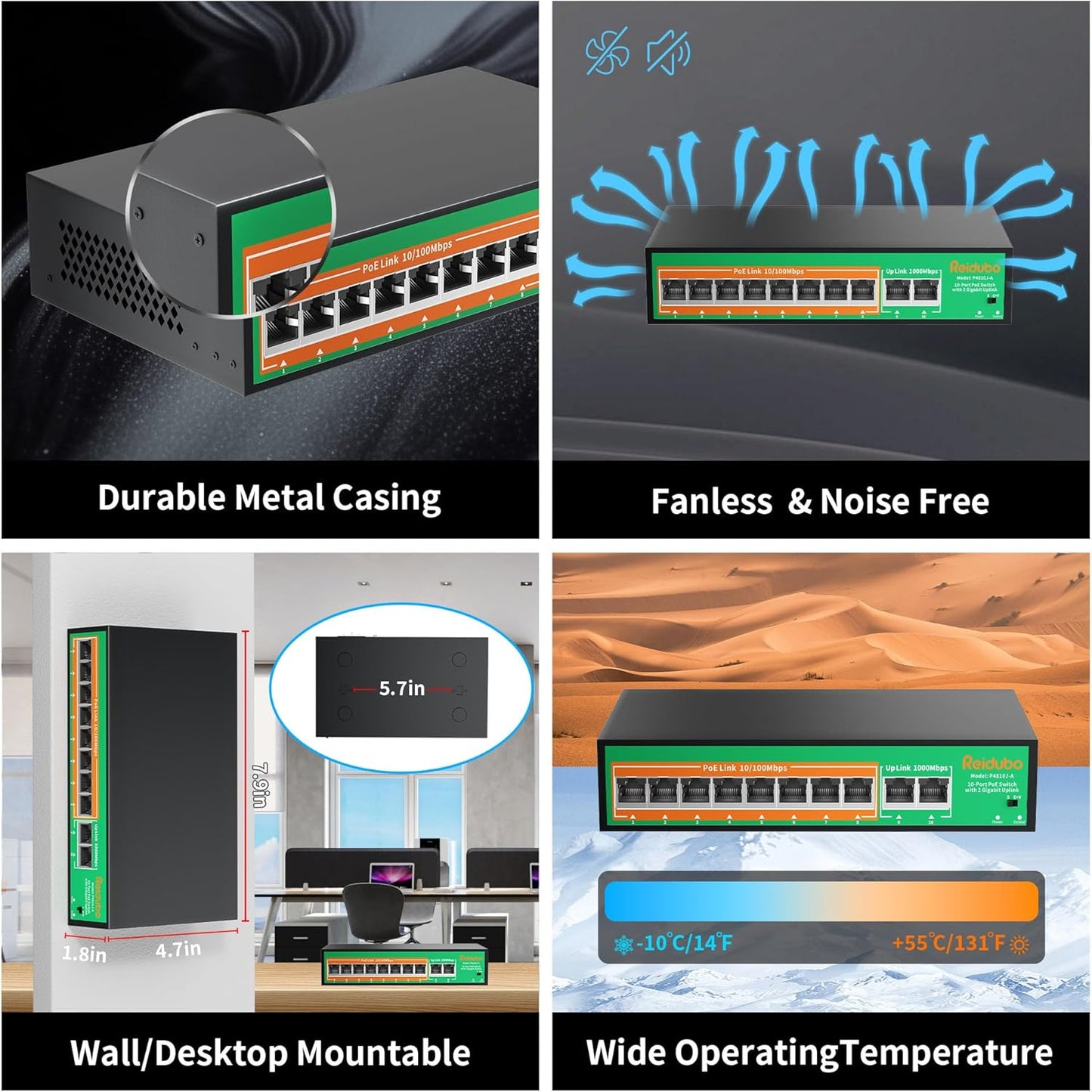 8 Port PoE Switch, 8 PoE+ 100Mbps Ethernet Port & 2 Gigabit Uplink, 120W, Support IEEE802.3af/at, Extend Function, Fanless, Unmanaged Plug and Play Network Switch