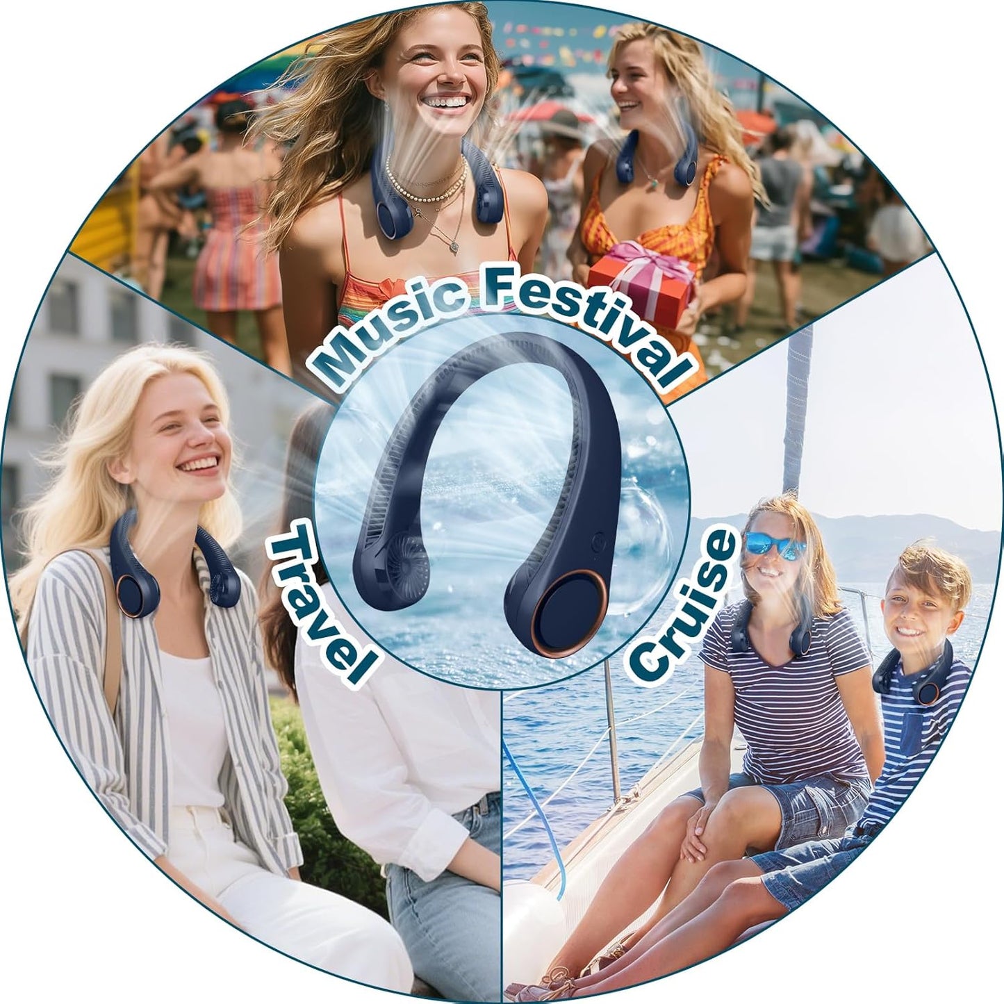 CIVPOWER Neck Fan: Portable Personal Neck Cooling Rechargeable Bladeless Fan - Hands Free 3 Speed 4000 mAh Battery USB Operated Wearable Headphone Design - for Men Women Outdoor Indoor (Dark Blue)